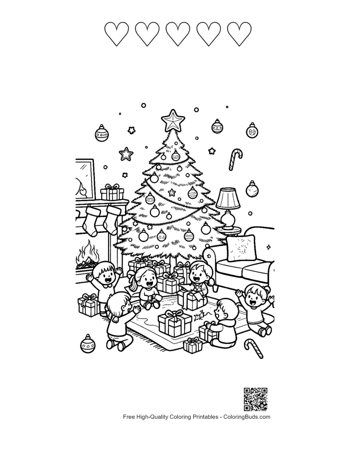 Christmas tree hearts coloring page free