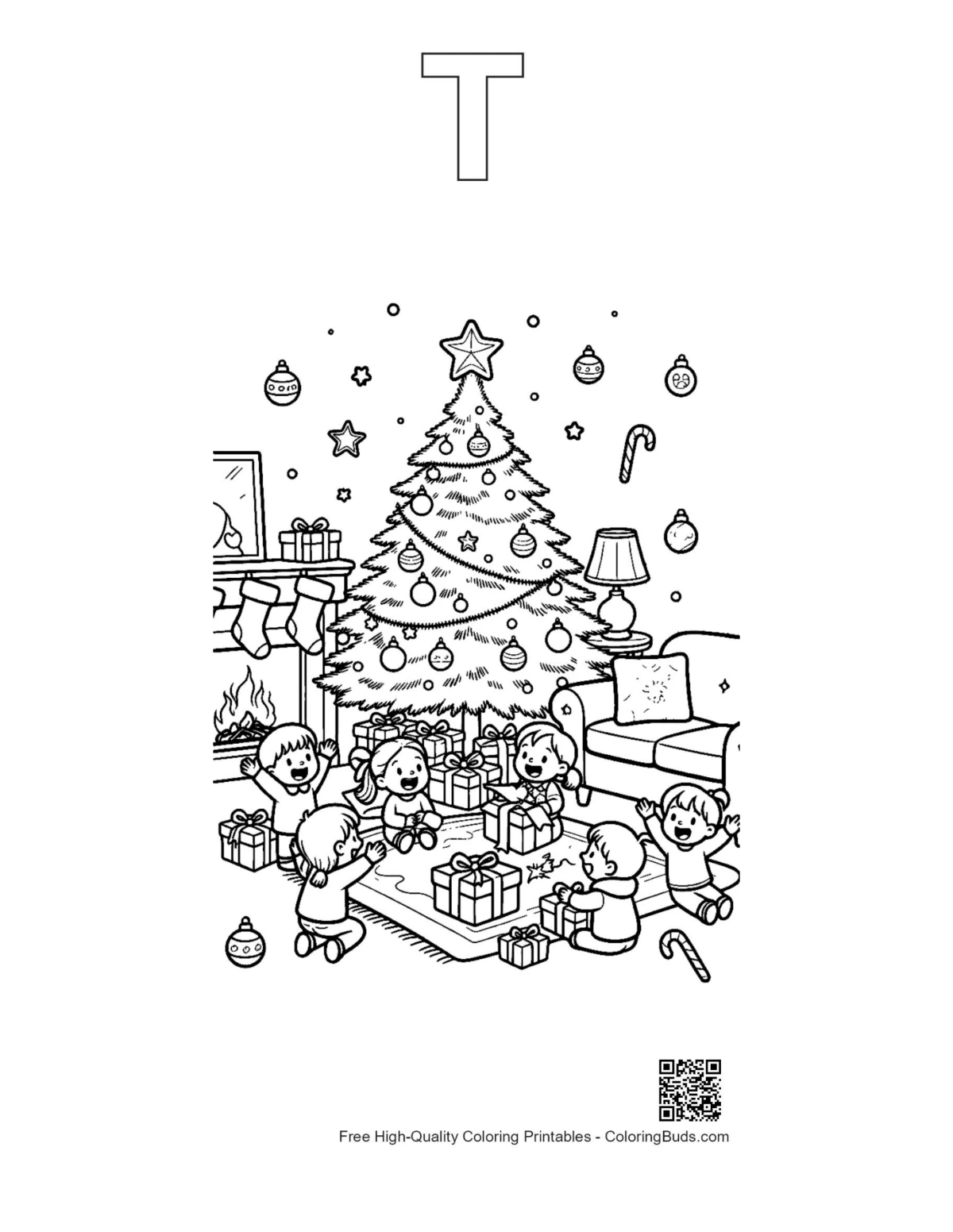 Christmas tree coloring with alphabet T outline