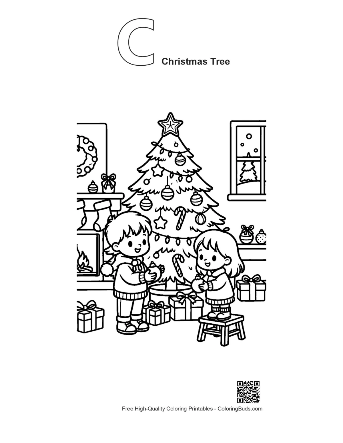 Children decorating tree with alphabet C outline