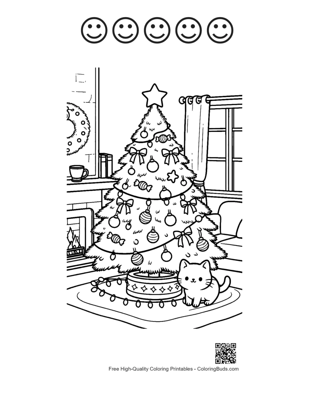 Happy kittens Christmas tree coloring with 5 faces outline