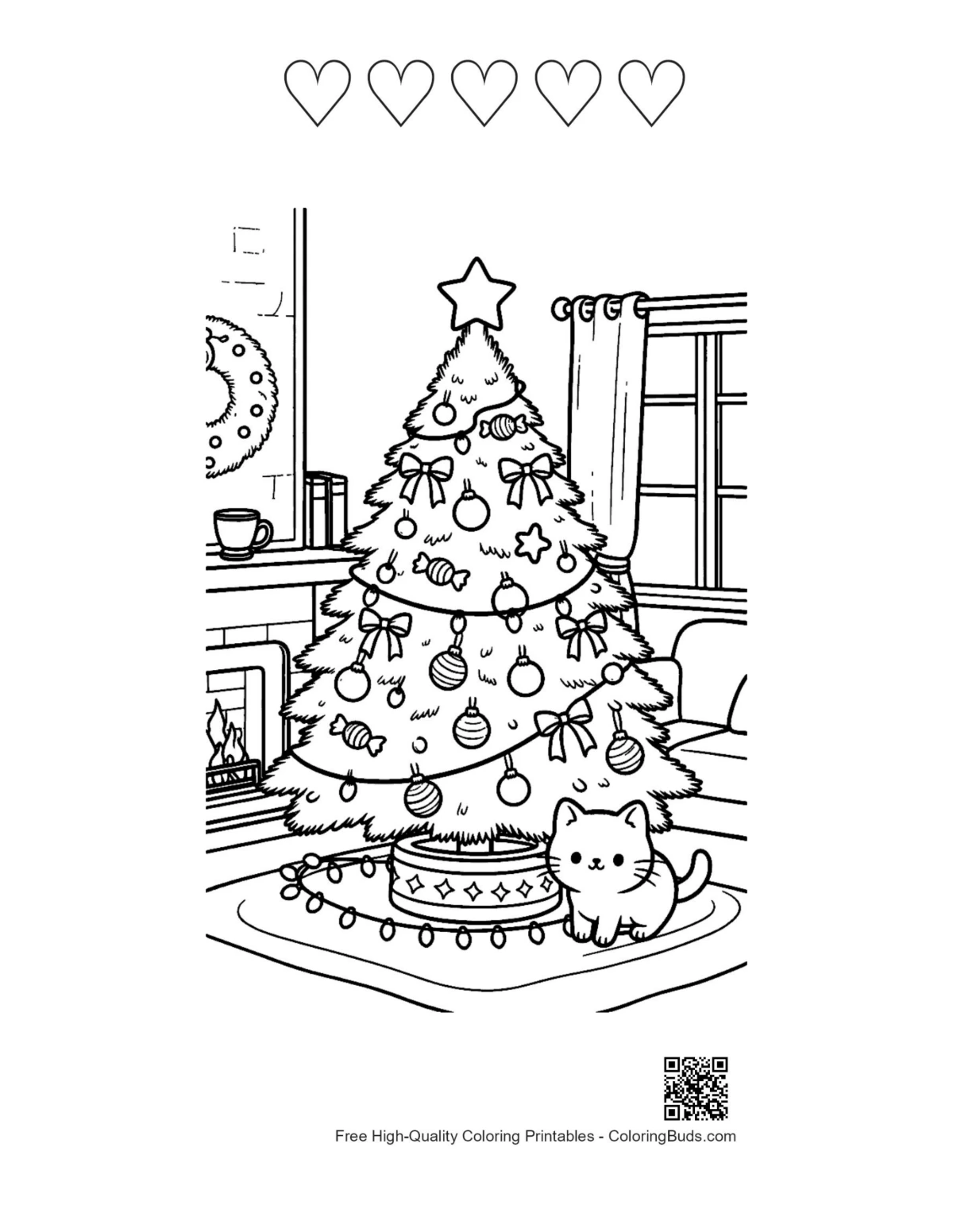 Kittens ornaments tree printable with 5-heart outline