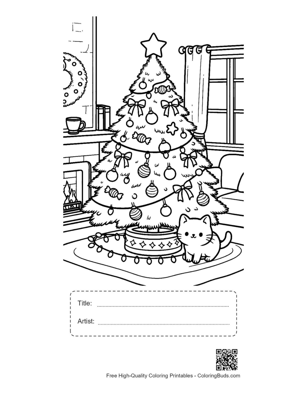 Kittens on Christmas tree printable with title artist box