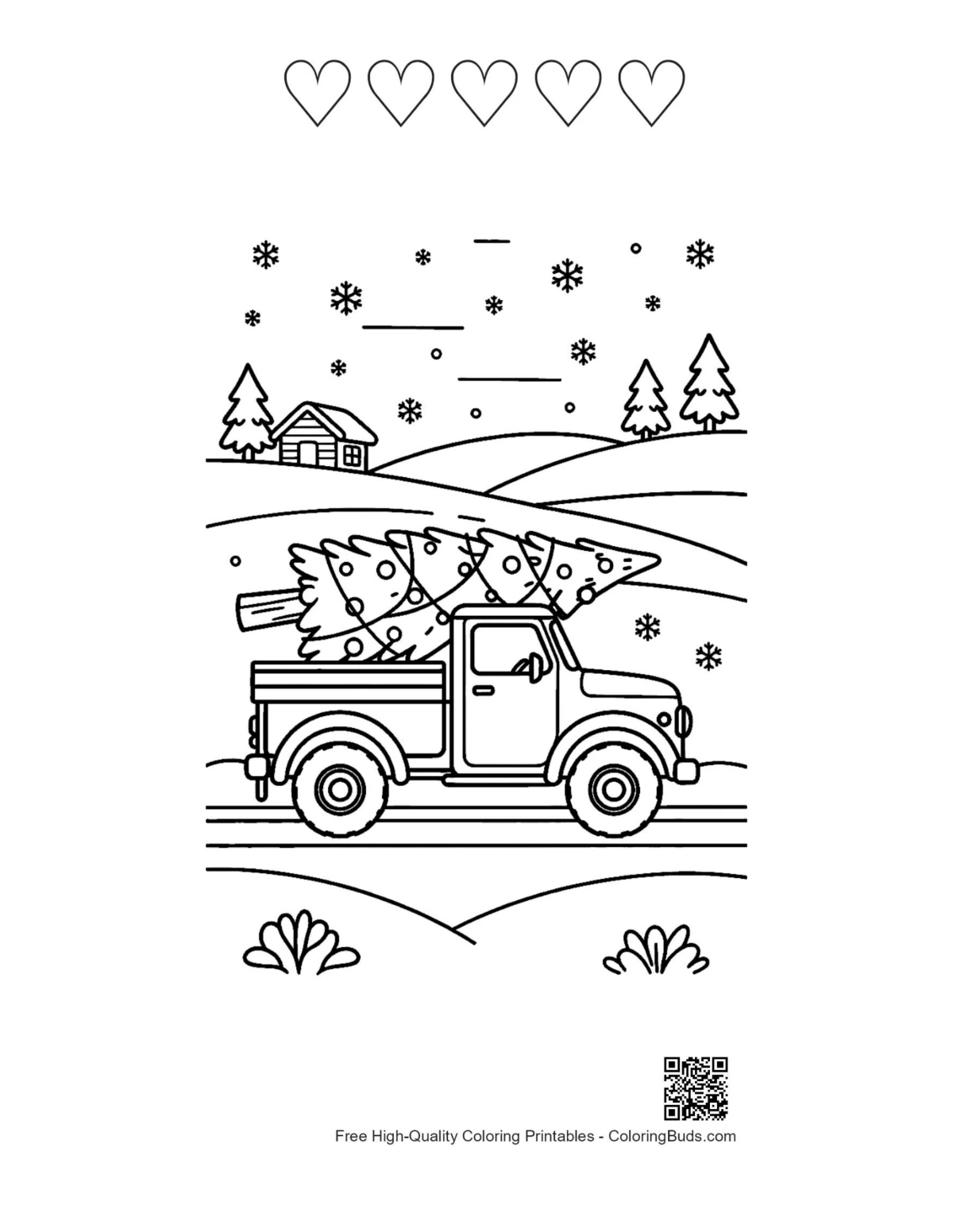 Rustic truck tree coloring page with heart outlines