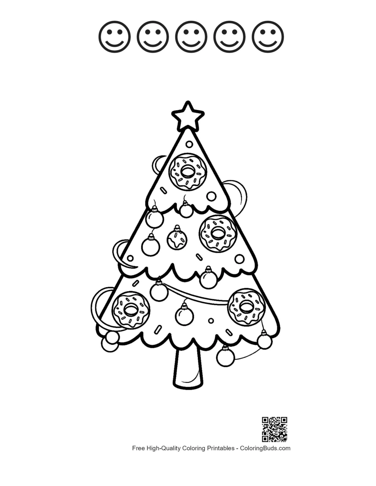 Pine tree coloring page with 5 happy faces