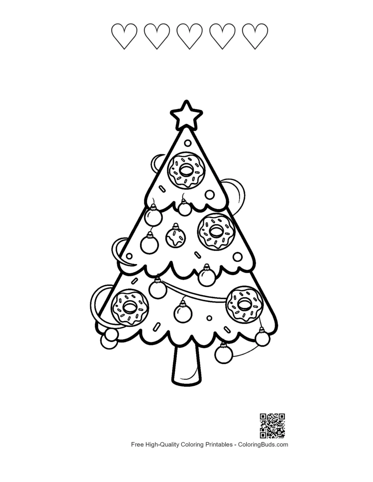 Traditional Christmas tree with 5 heart outlines