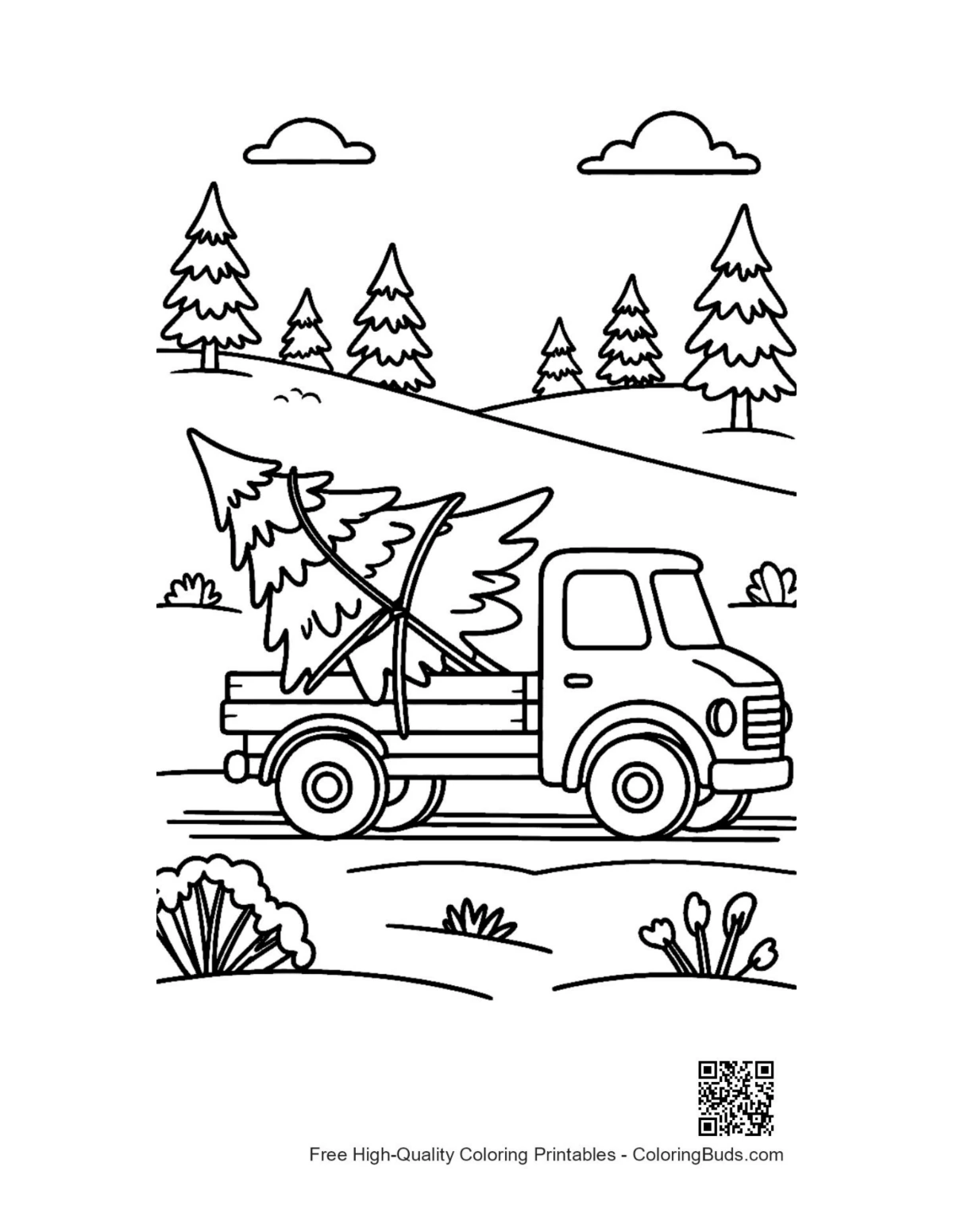 Vintage truck with Christmas tree in snow coloring page
