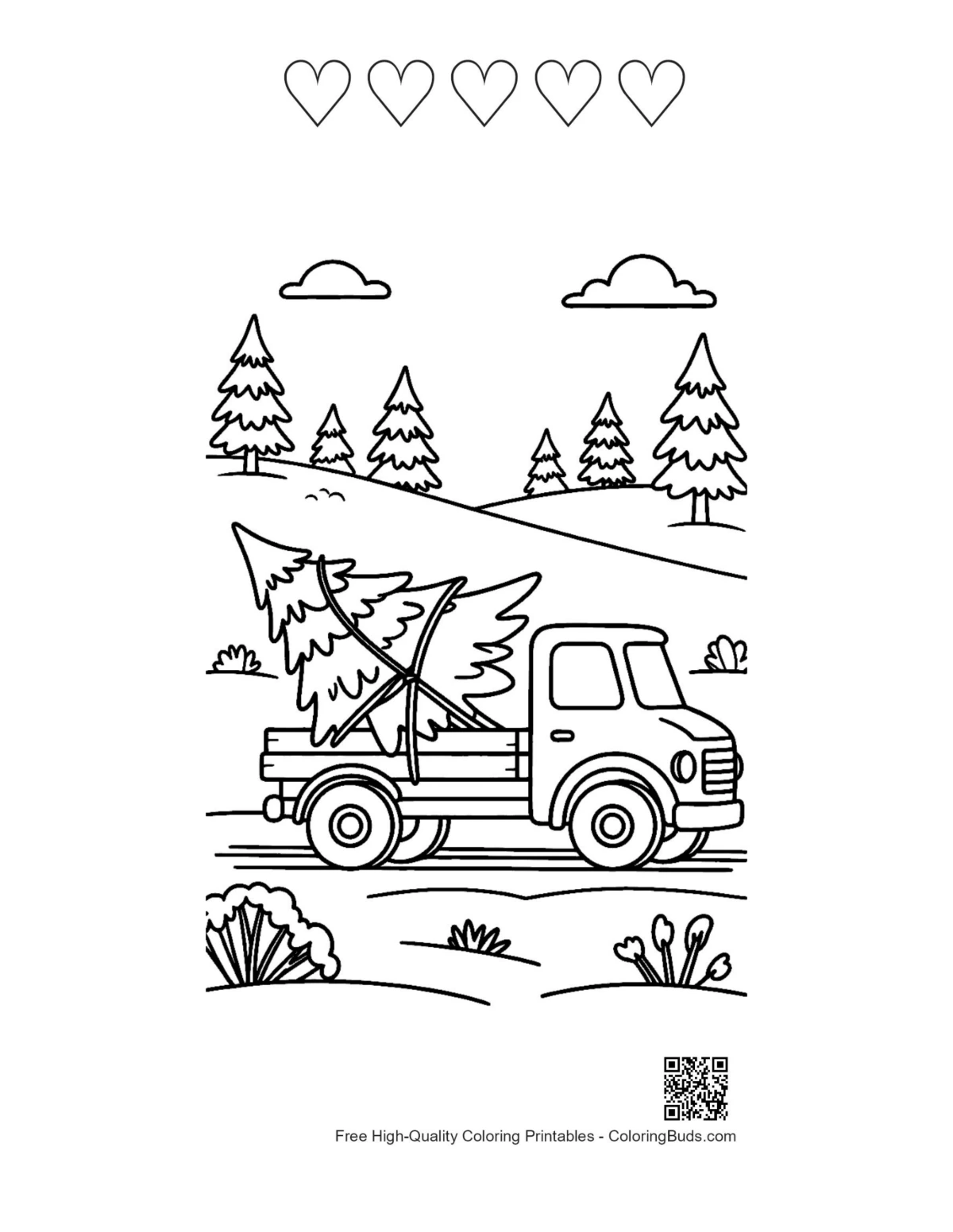 Snowy truck Christmas tree with heart outlines printable