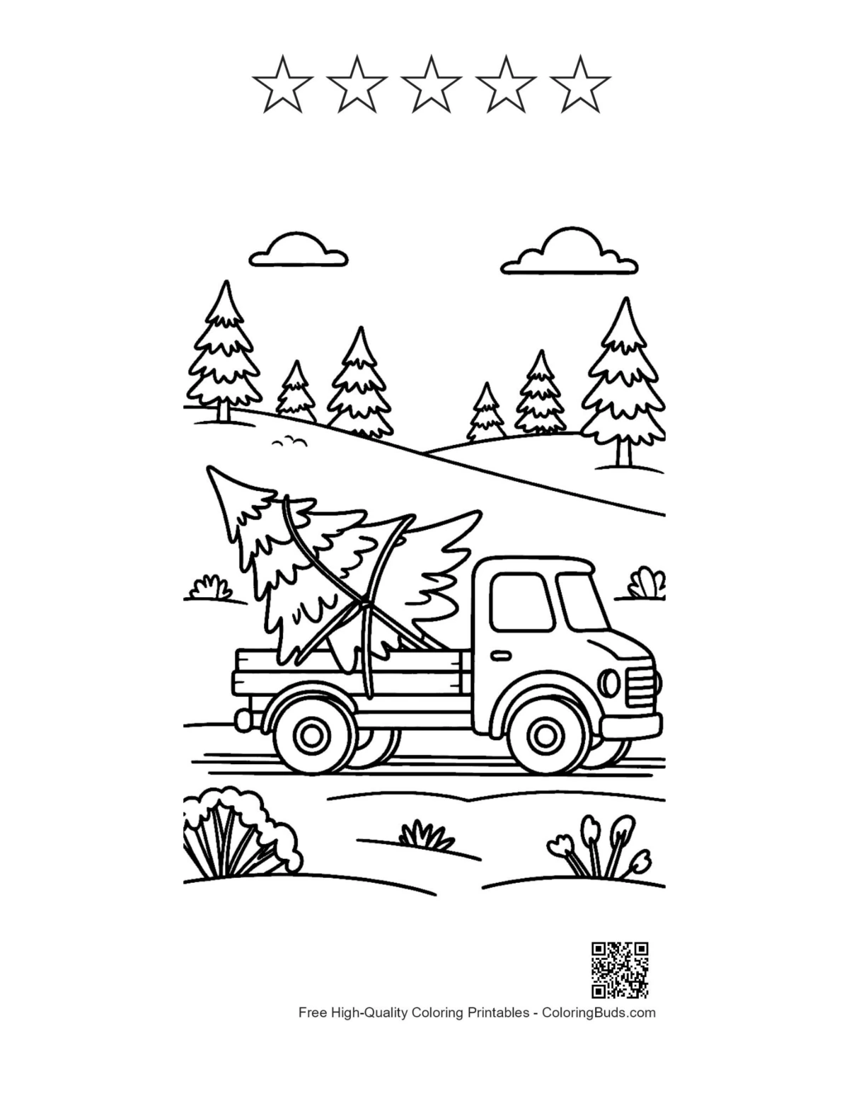Vintage truck tree coloring with 5 star outlines