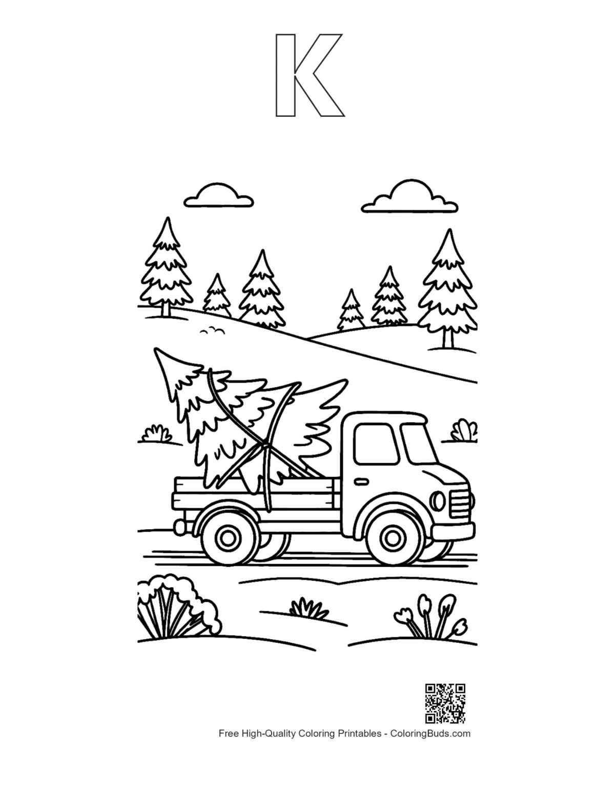 Truck Christmas tree coloring page with alphabet K outline
