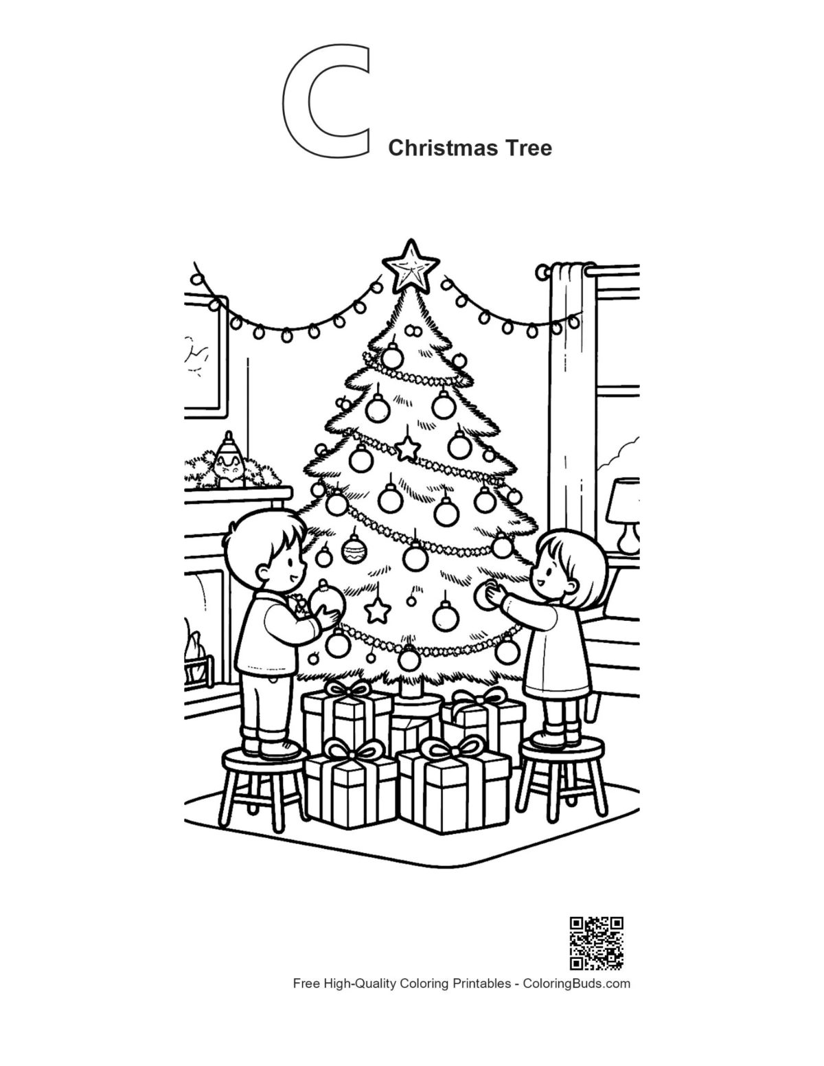 Christmas tree coloring with alphabet C outline kids gifts