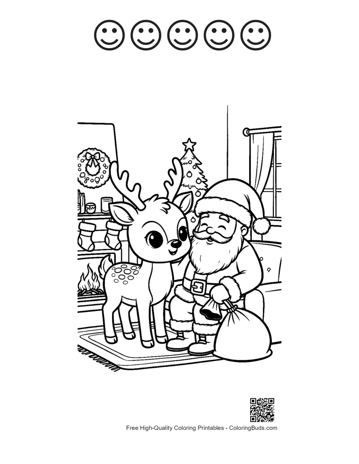 Cute reindeer Santa gift bag with 5 happy faces outline printable