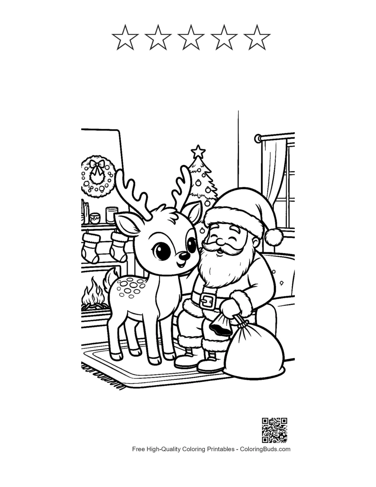 Baby reindeer Santa coloring page 5 star outlines printable