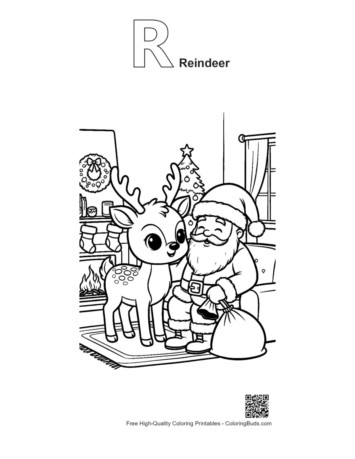 Baby reindeer Santa coloring with alphabet R outline printable