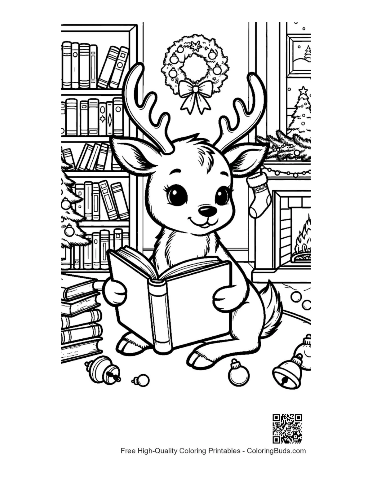 หน้ากระดาษระบายสีลูกกวางเรนเดียร์น่ารักอ่านหนังสือในห้องสมุด
