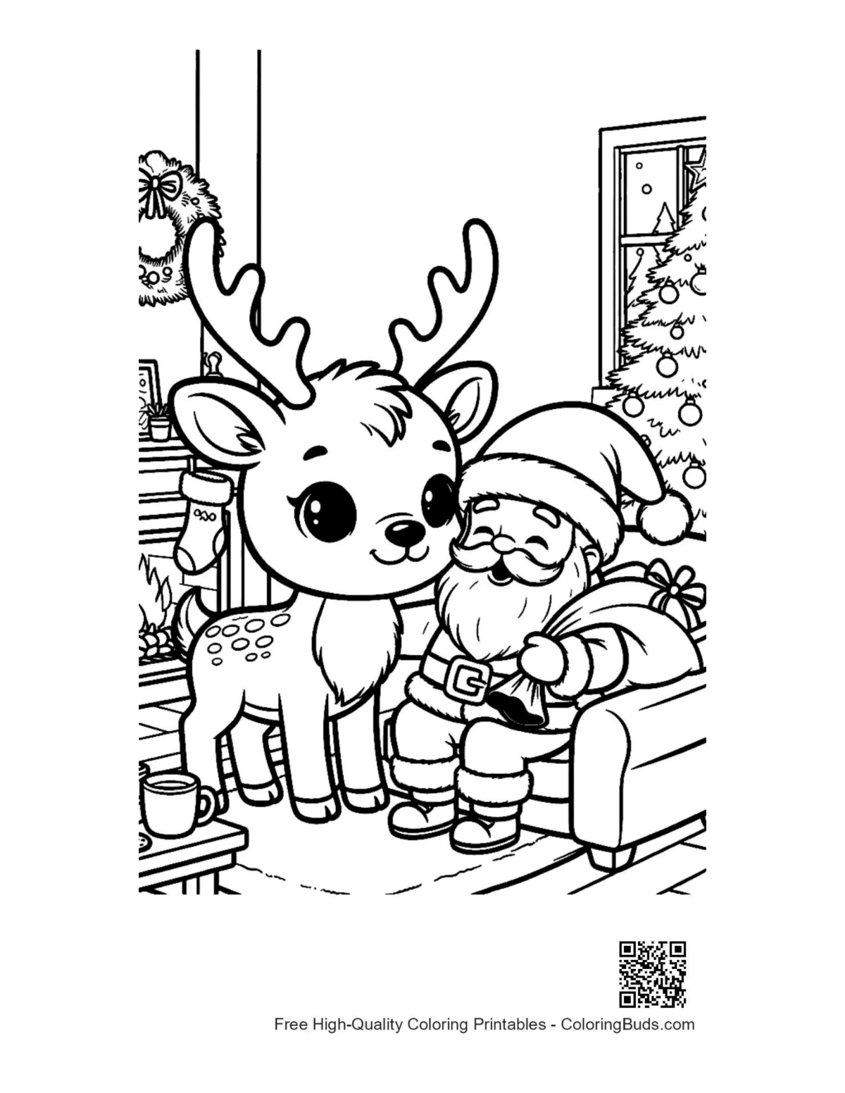 Adorable reindeer calf with Santa by fire coloring page