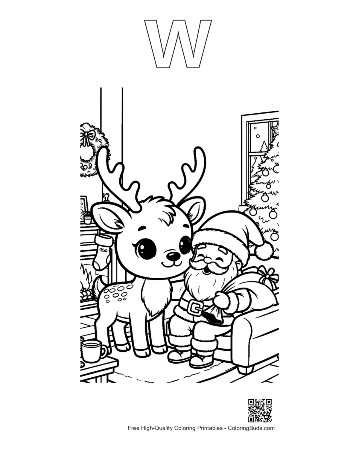 Reindeer calf Santa coloring with alphabet W outline