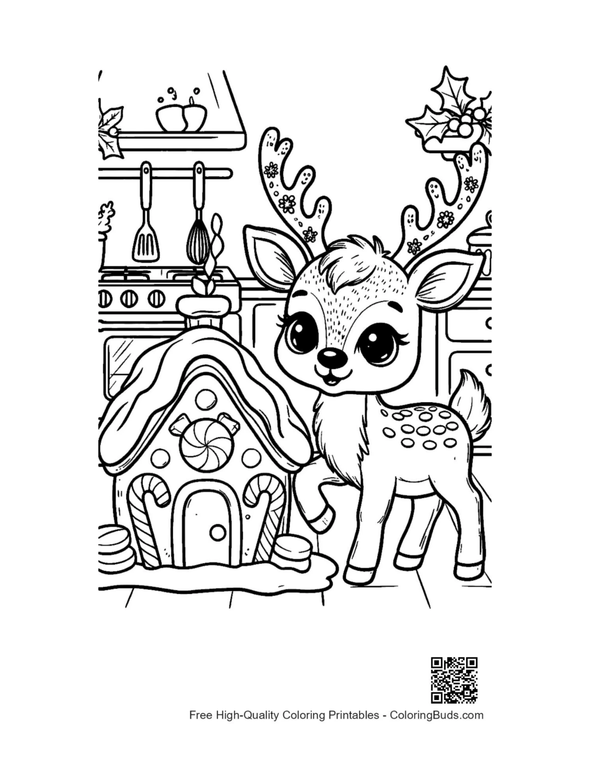 Baby reindeer in cozy holiday kitchen coloring printable