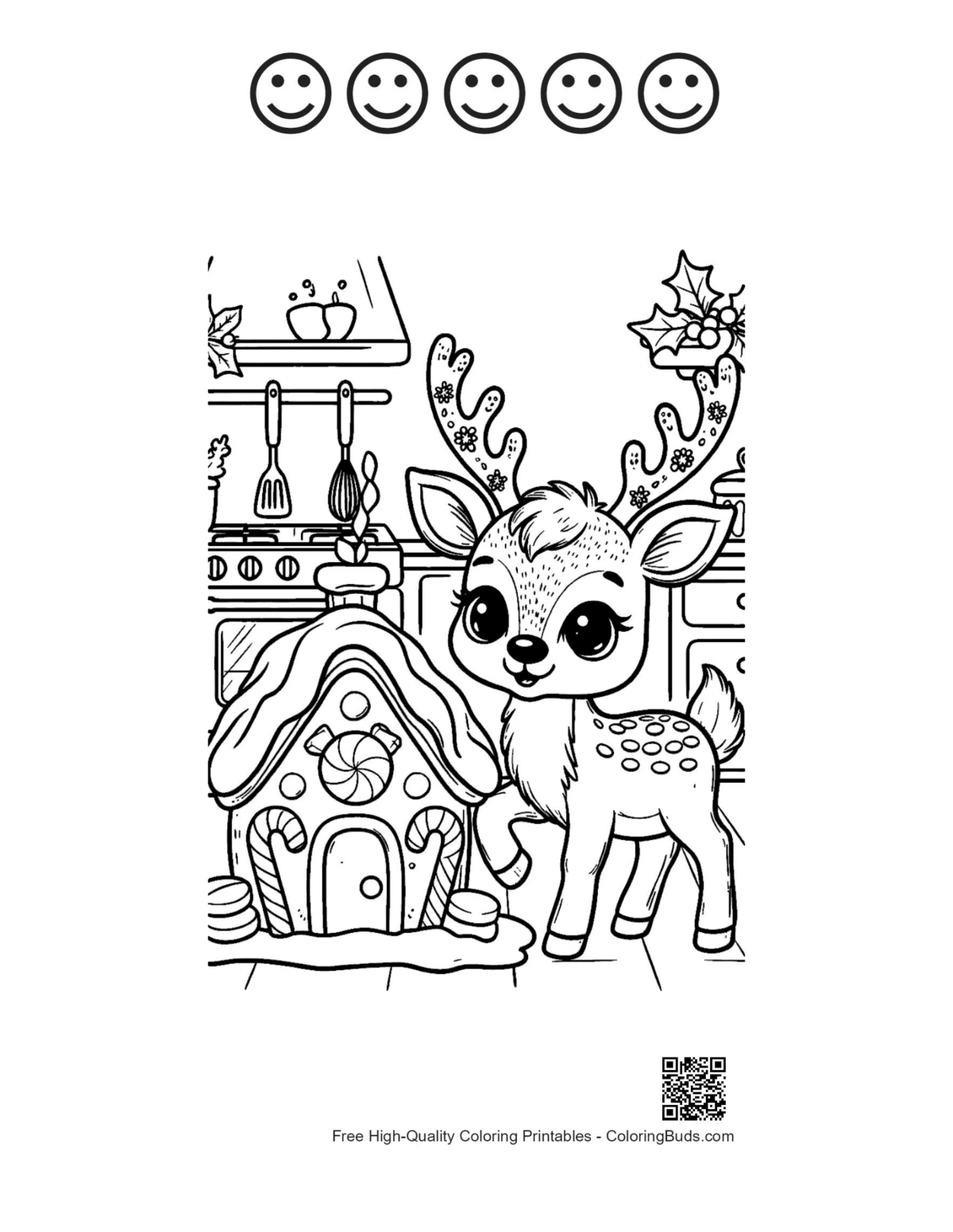 Baby reindeer cozy kitchen with 5 happy faces outline