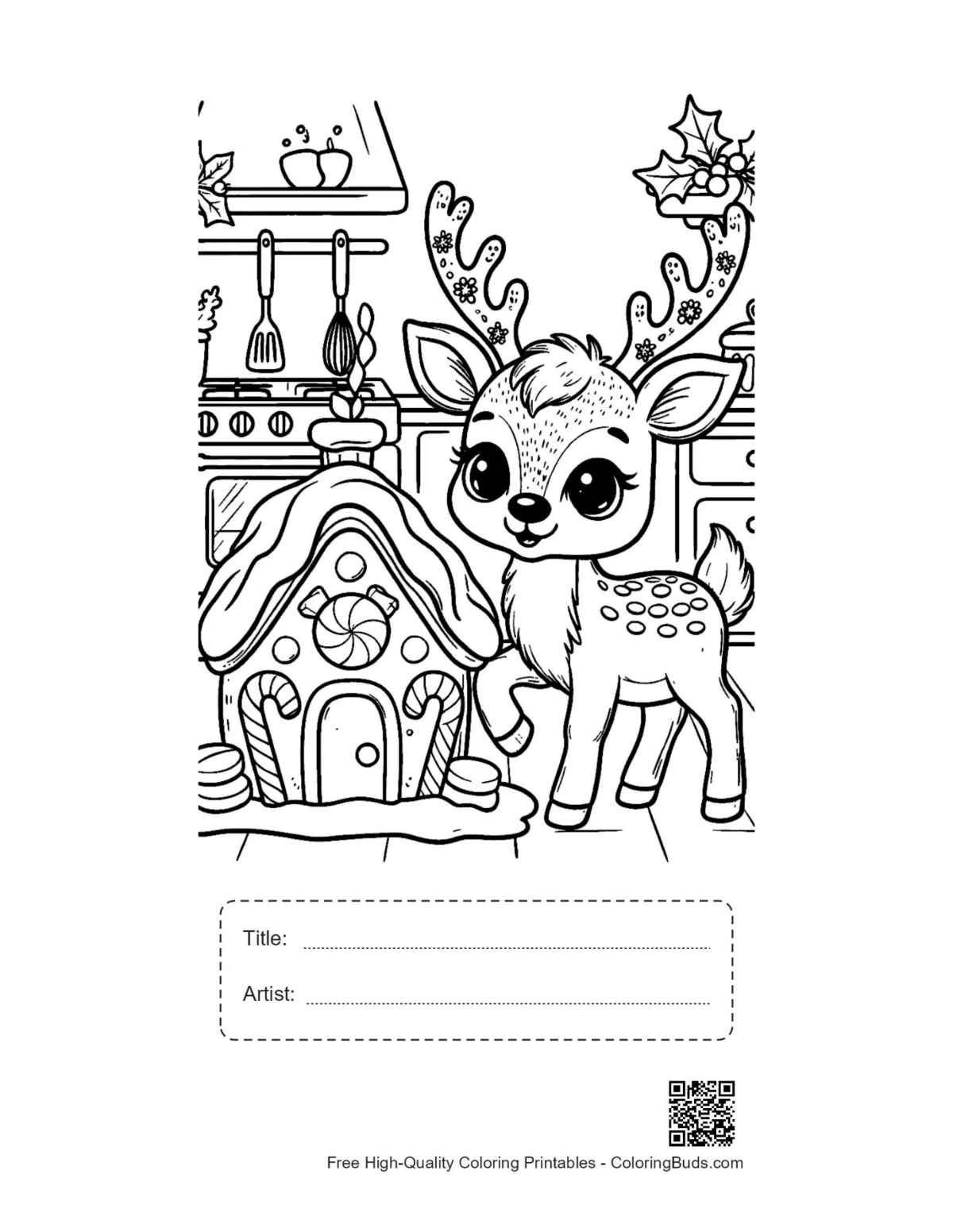 Baby reindeer coloring printable with title artist box