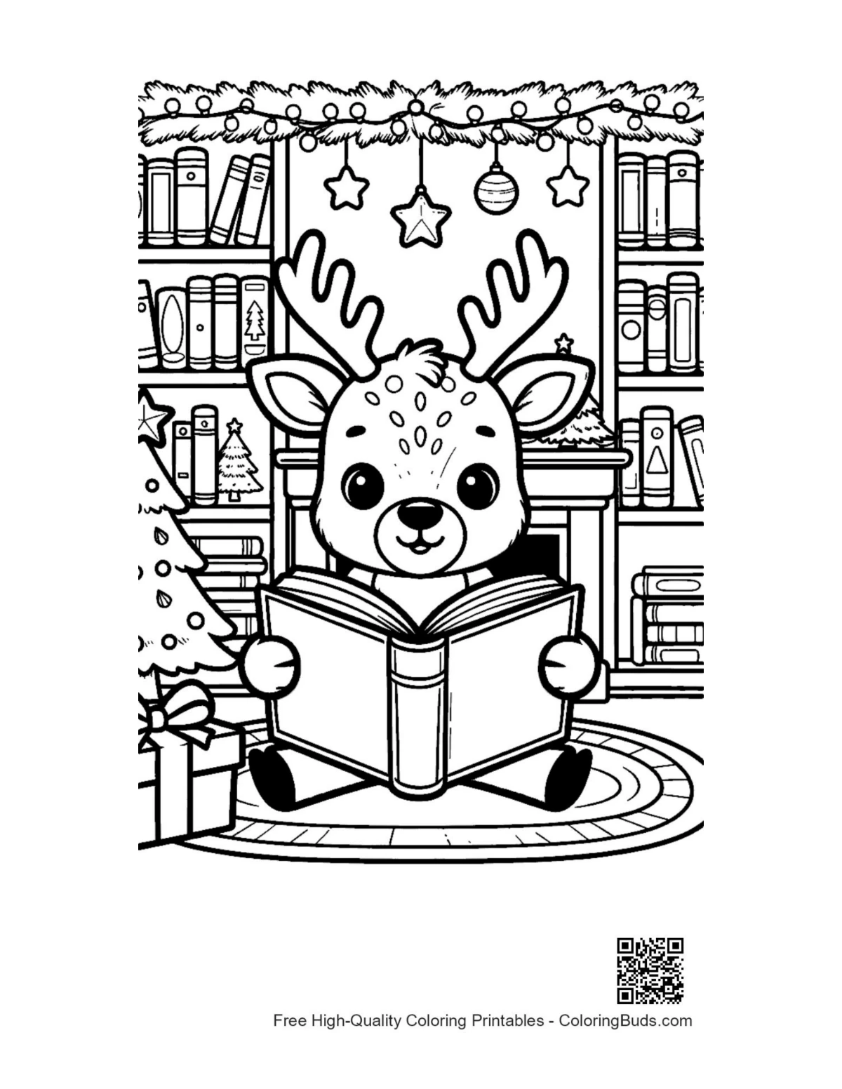 Baby reindeer reading festive book by cozy fireplace coloring page
