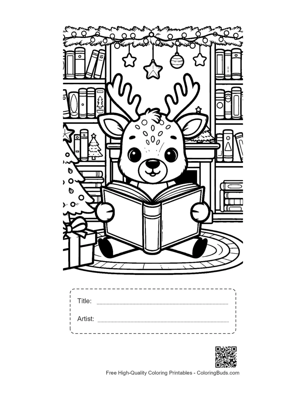 Baby reindeer coloring page with title and artist box