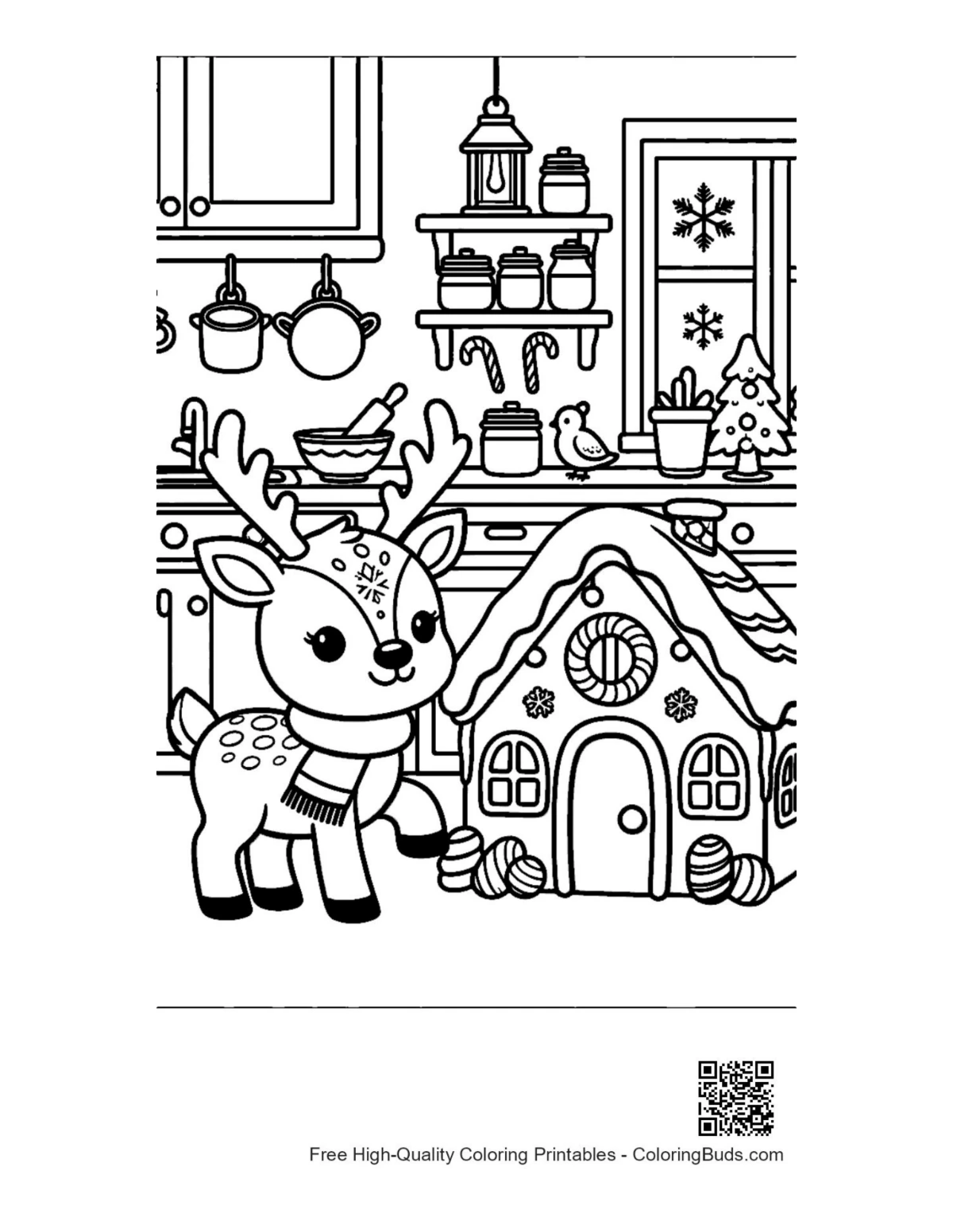Cute baby reindeer by gingerbread house Christmas kitchen coloring page