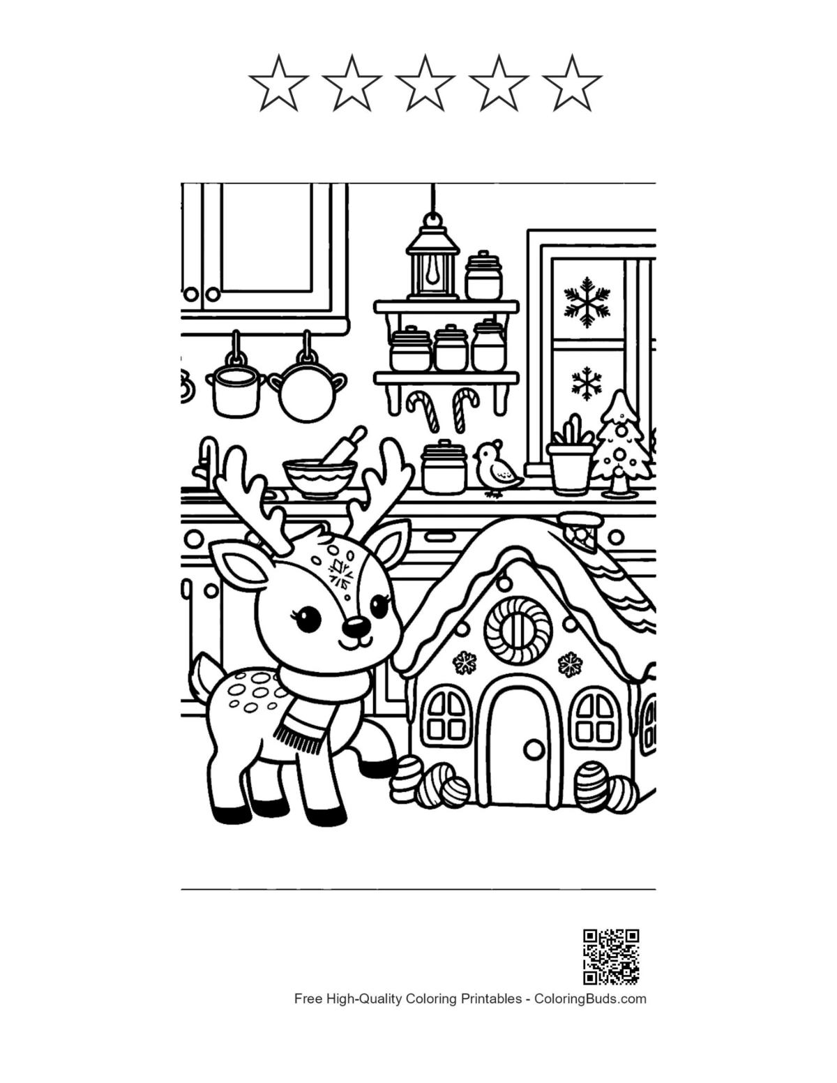 Reindeer coloring page with 5 star outlines and gingerbread house