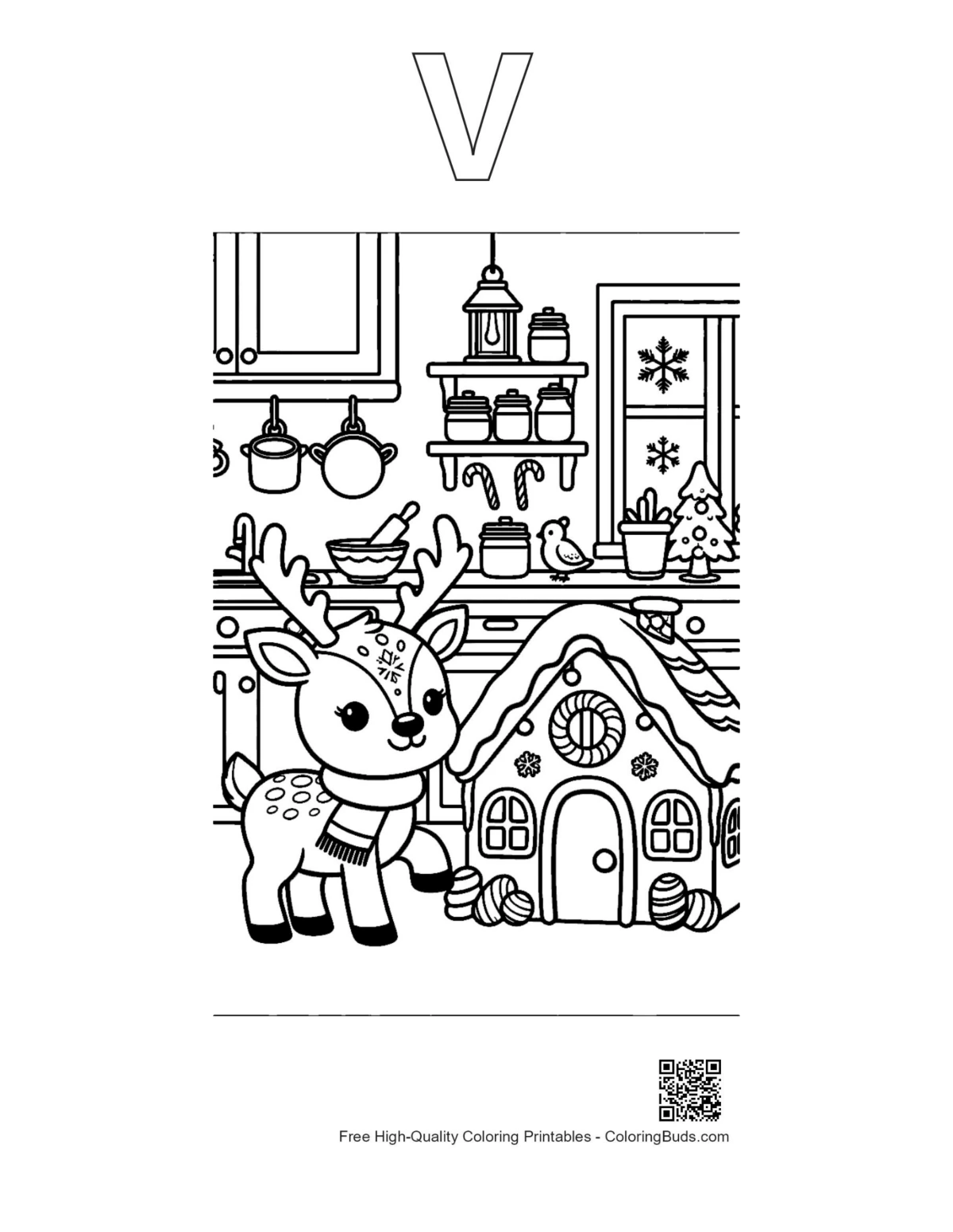 Baby reindeer gingerbread kitchen coloring page with alphabet V outline