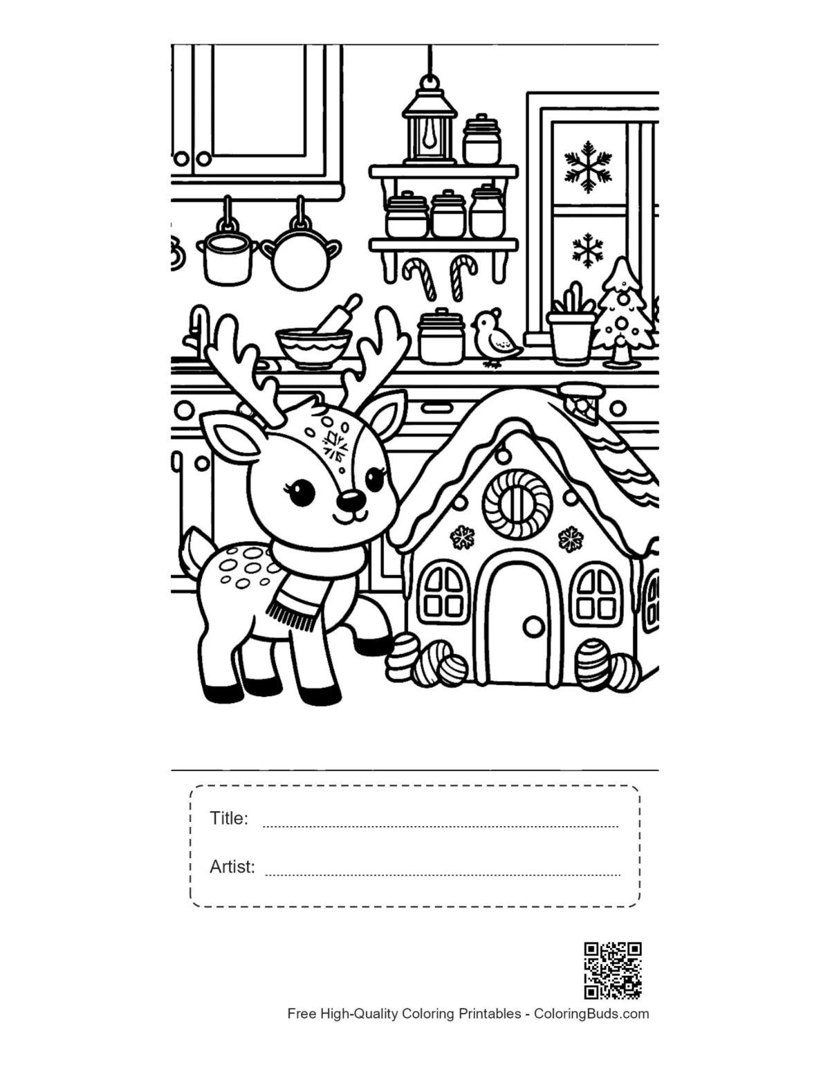Cute reindeer coloring page with title and artist box printable