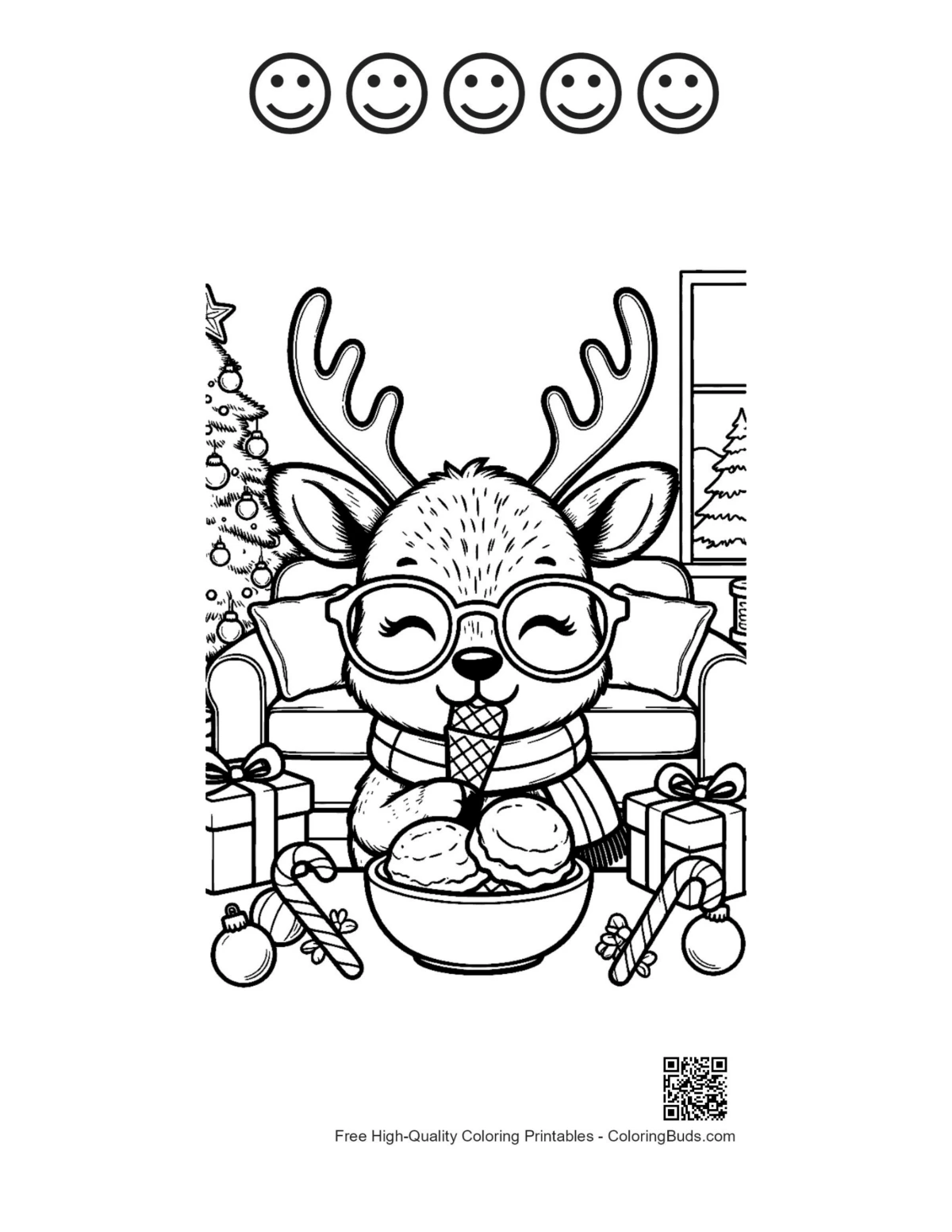 Reindeer page with 5 happy faces outline