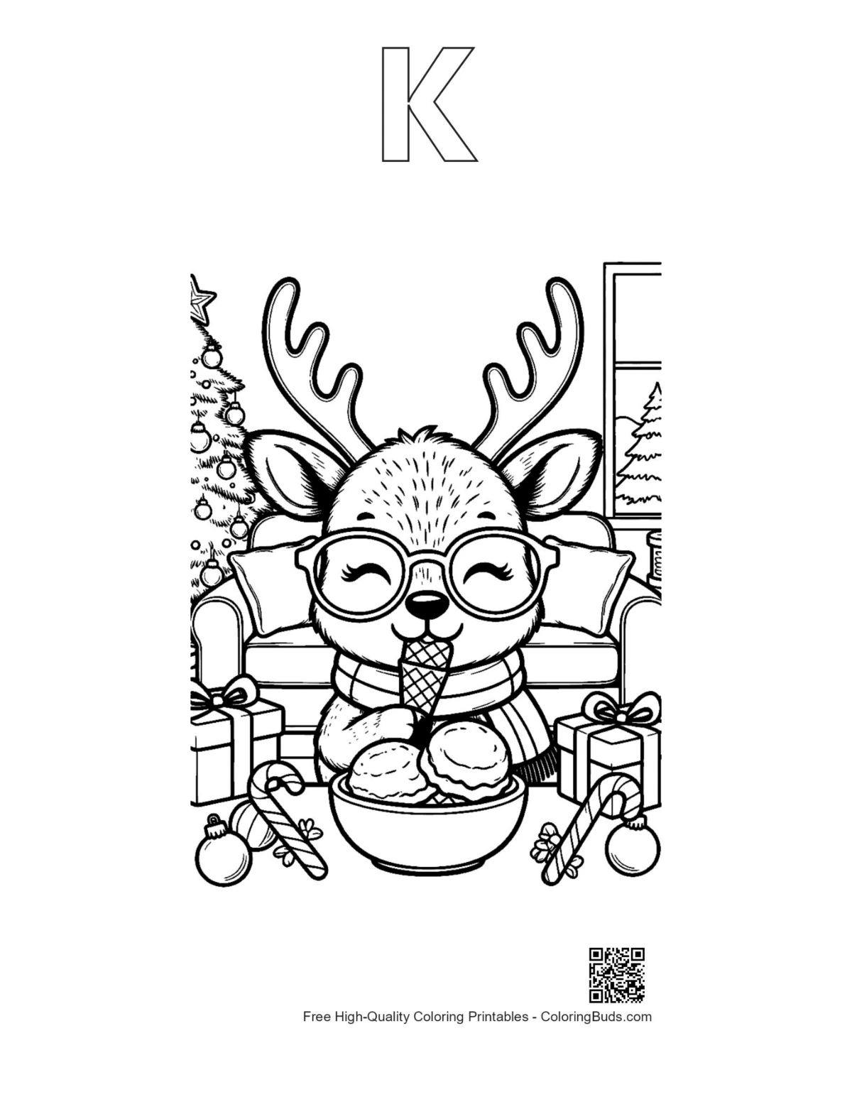 Reindeer sundae coloring page alphabet K outline