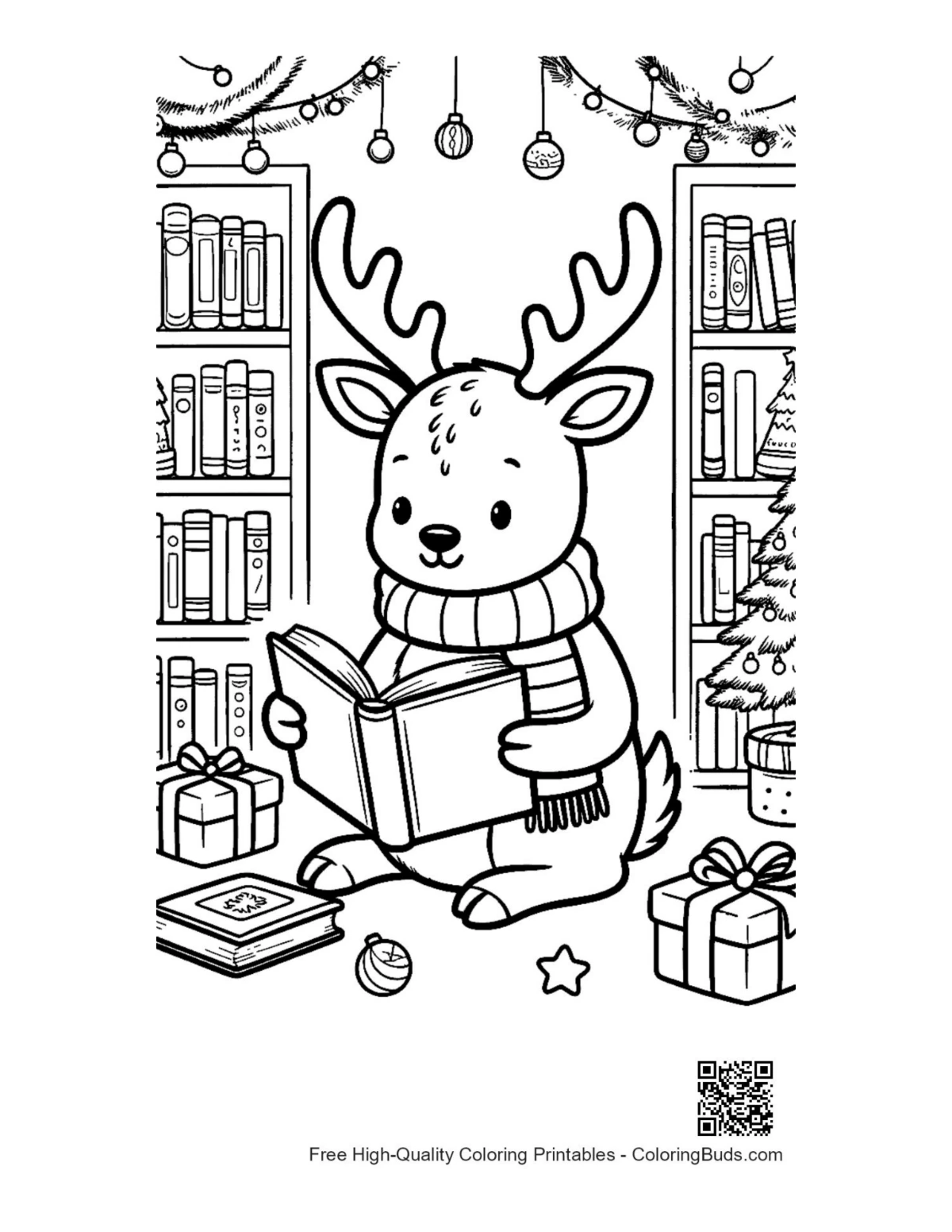 Cute reindeer reading big book in library coloring page