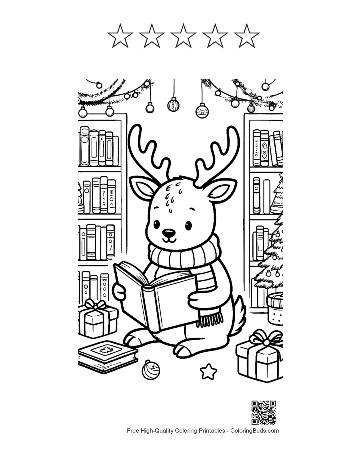 Cute reindeer reading with 5-star outline coloring sheet