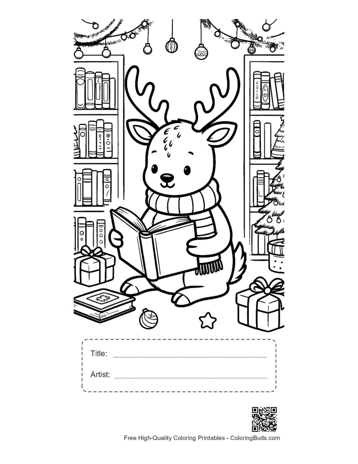 Cute reindeer library reading coloring page with title box