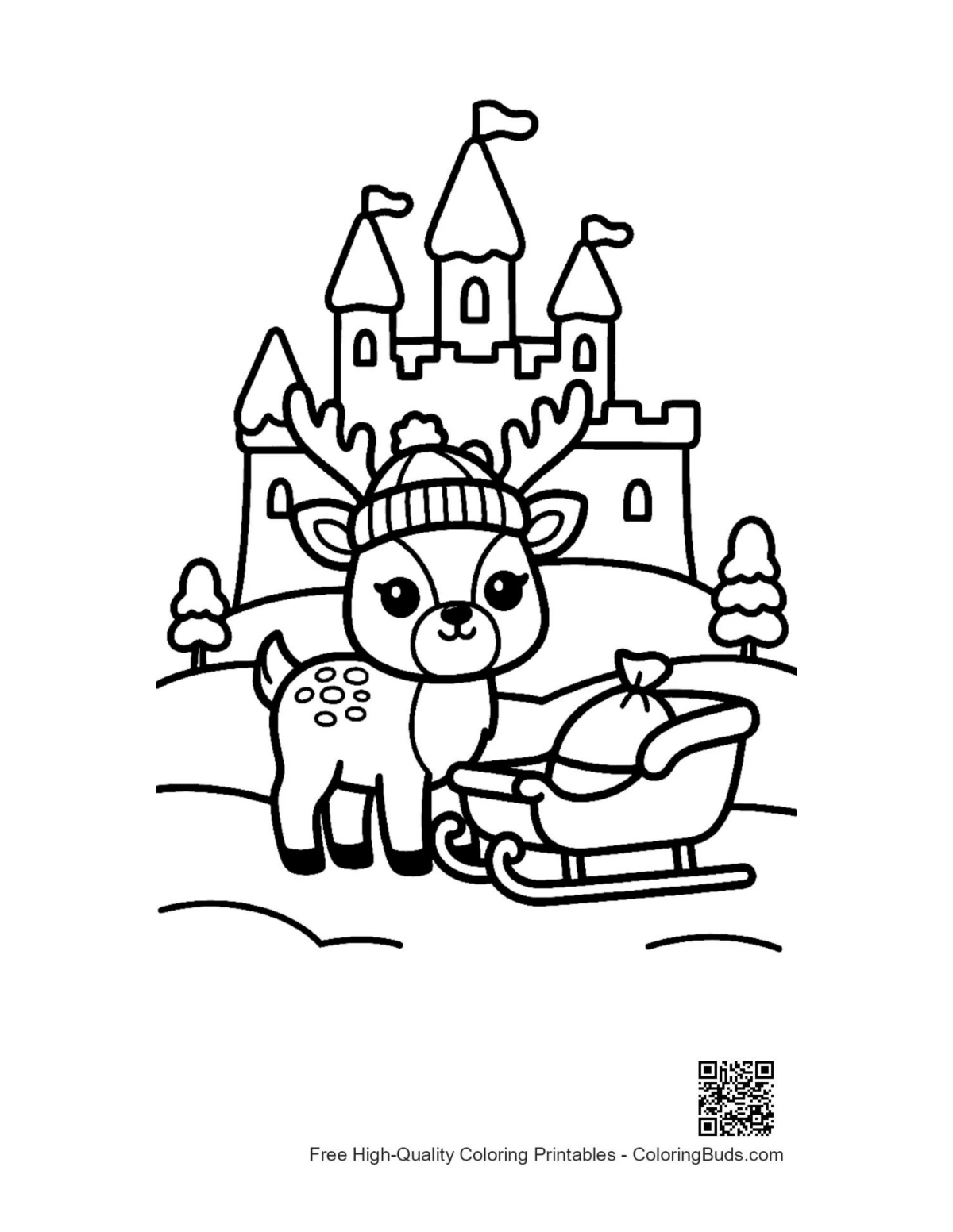 Cute reindeer winter cap ice fortress coloring page