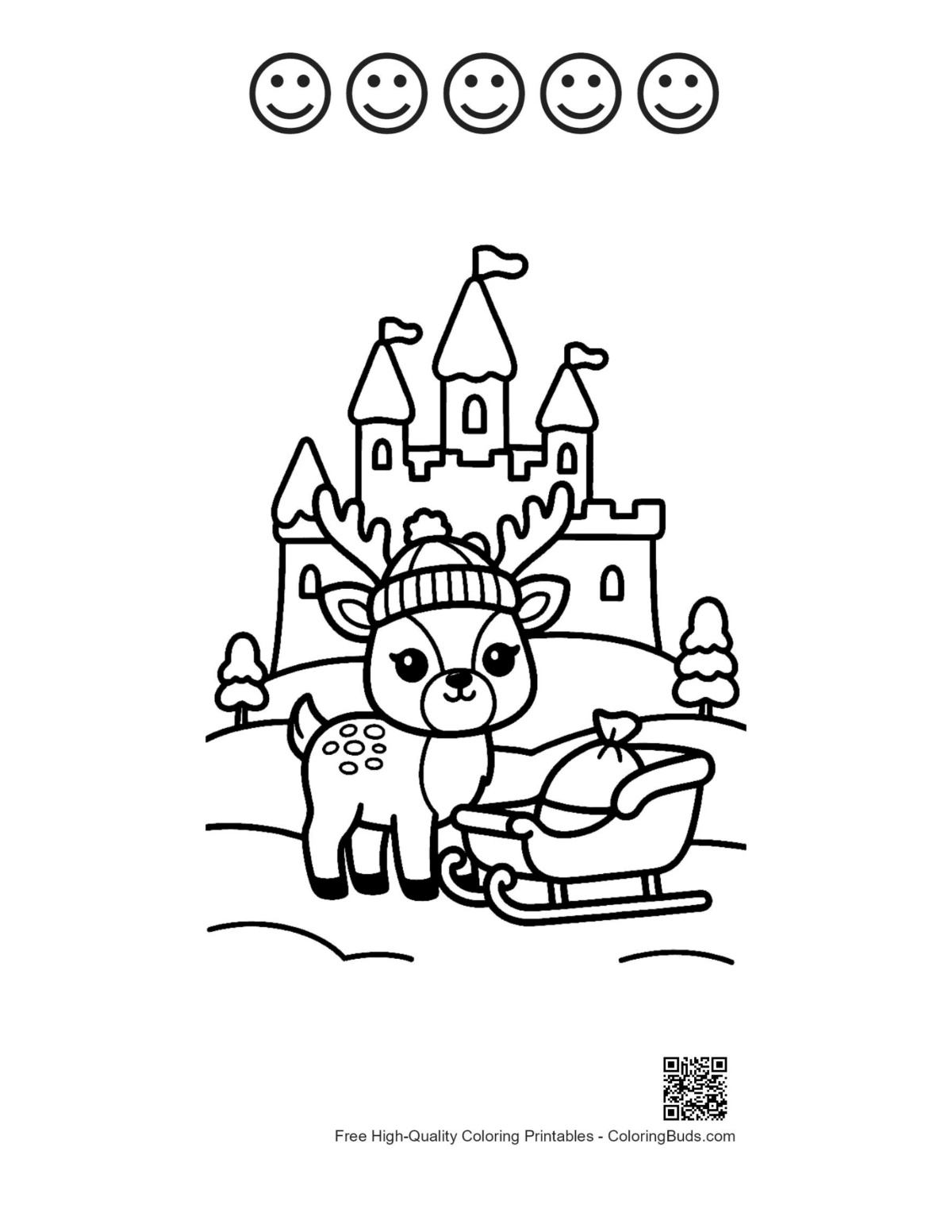 Reindeer coloring with 5 happy faces