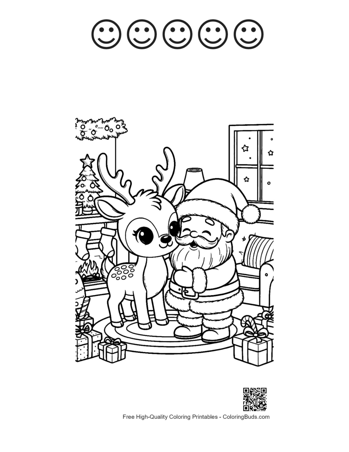 Reindeer with 5 happy faces outlines printable