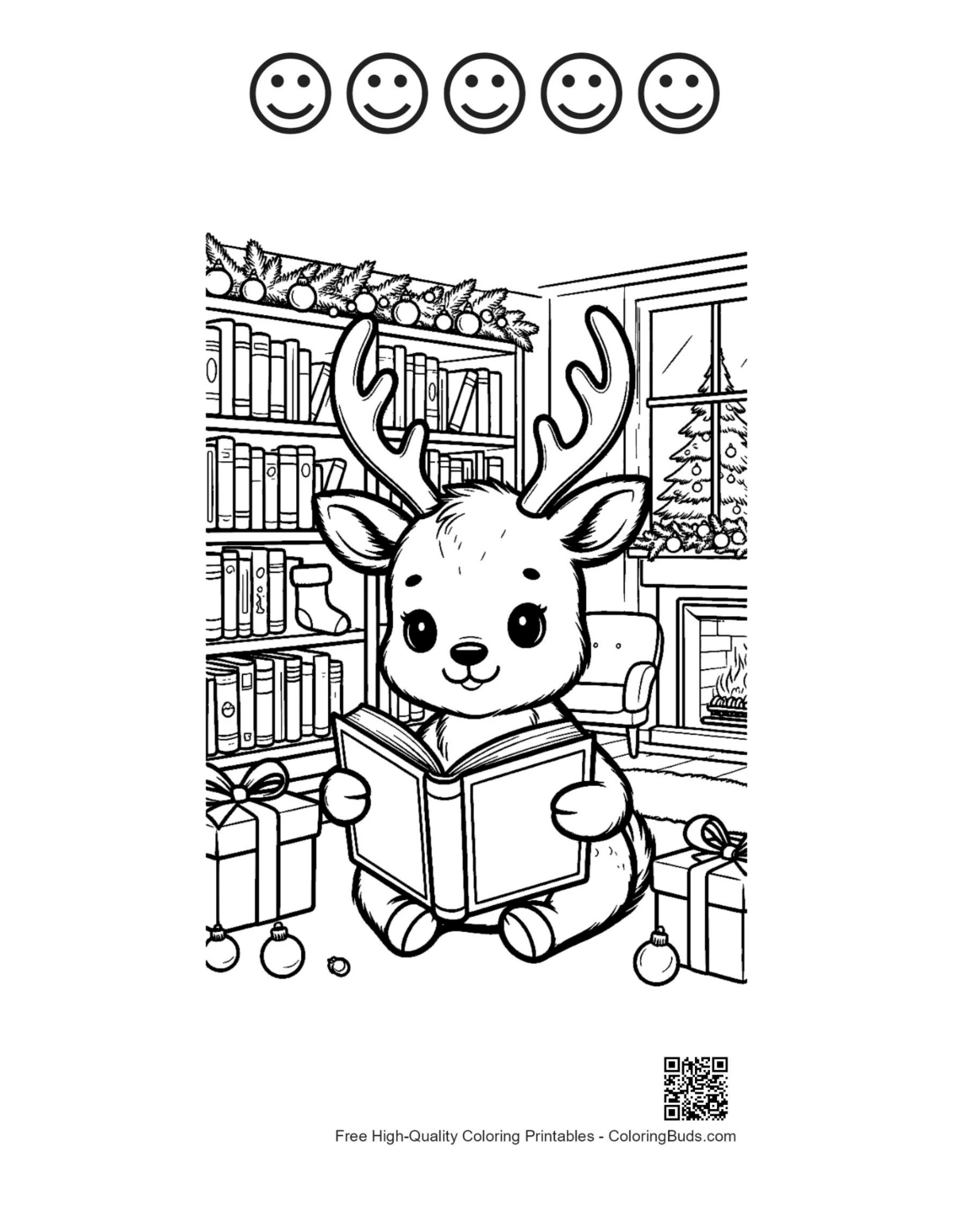 ภาพกวางเรนเดียร์ง่ายๆ กับ 5 ใบหน้ายิ้มรูปวาดพิมพ์ได้