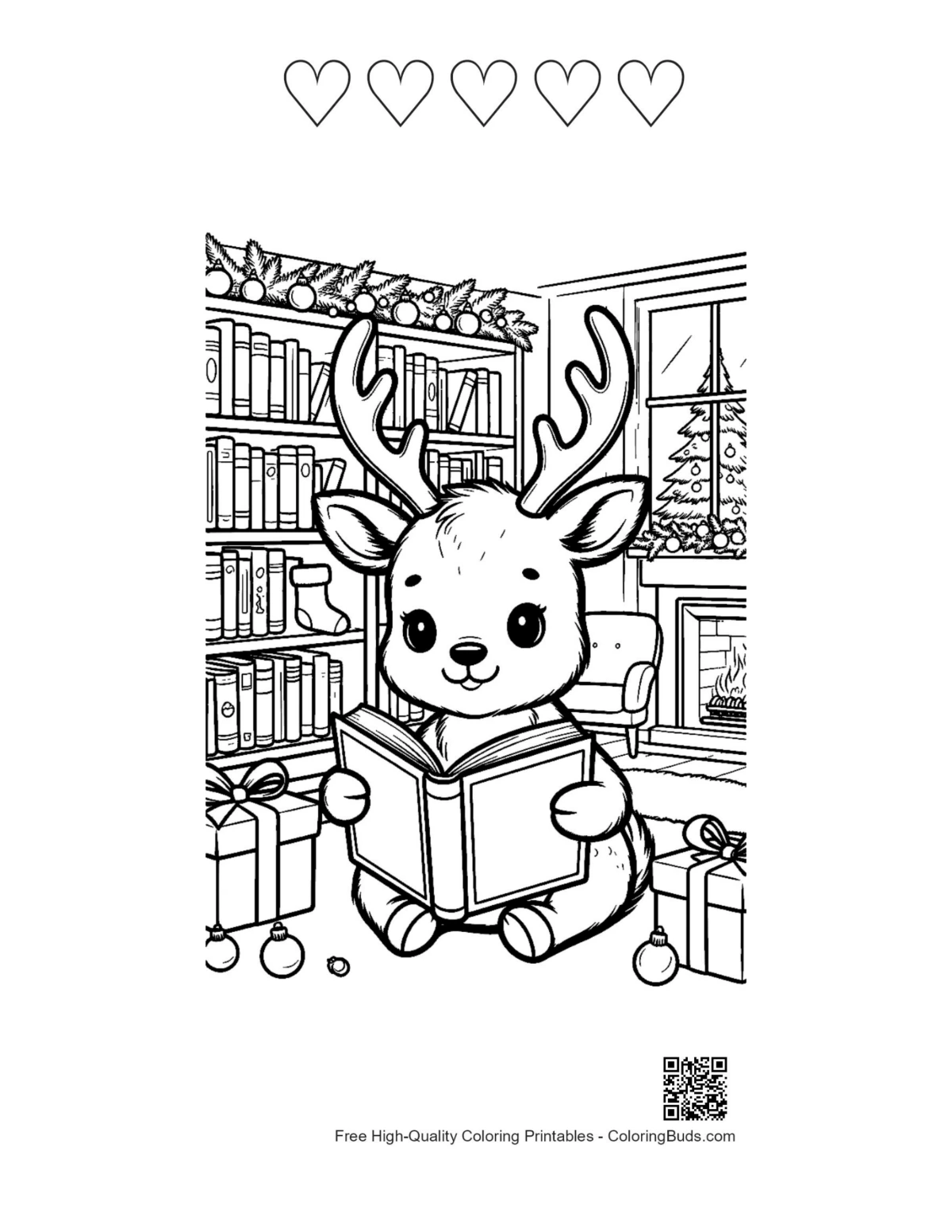 ภาพกวางเรนเดียร์ง่ายๆ กับ 5 หัวใจรูปวาดพิมพ์ได้สำหรับเด็ก