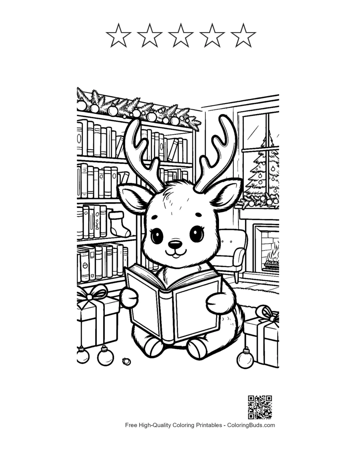 ภาพกวางเรนเดียร์ง่ายๆ กับ 5 ดาวรูปวาดพิมพ์ได้สำหรับเด็ก