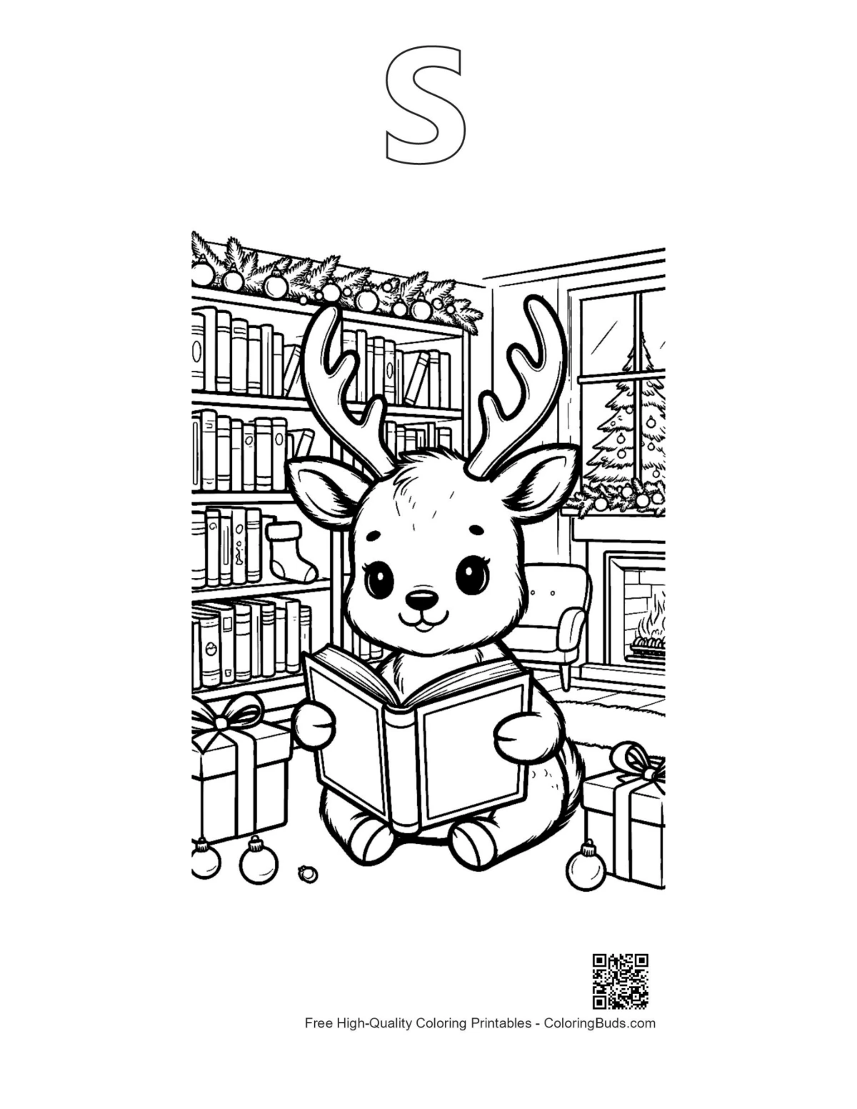 ภาพกวางเรนเดียร์ง่ายๆ กับรูปวาดตัวอักษร S พิมพ์ได้