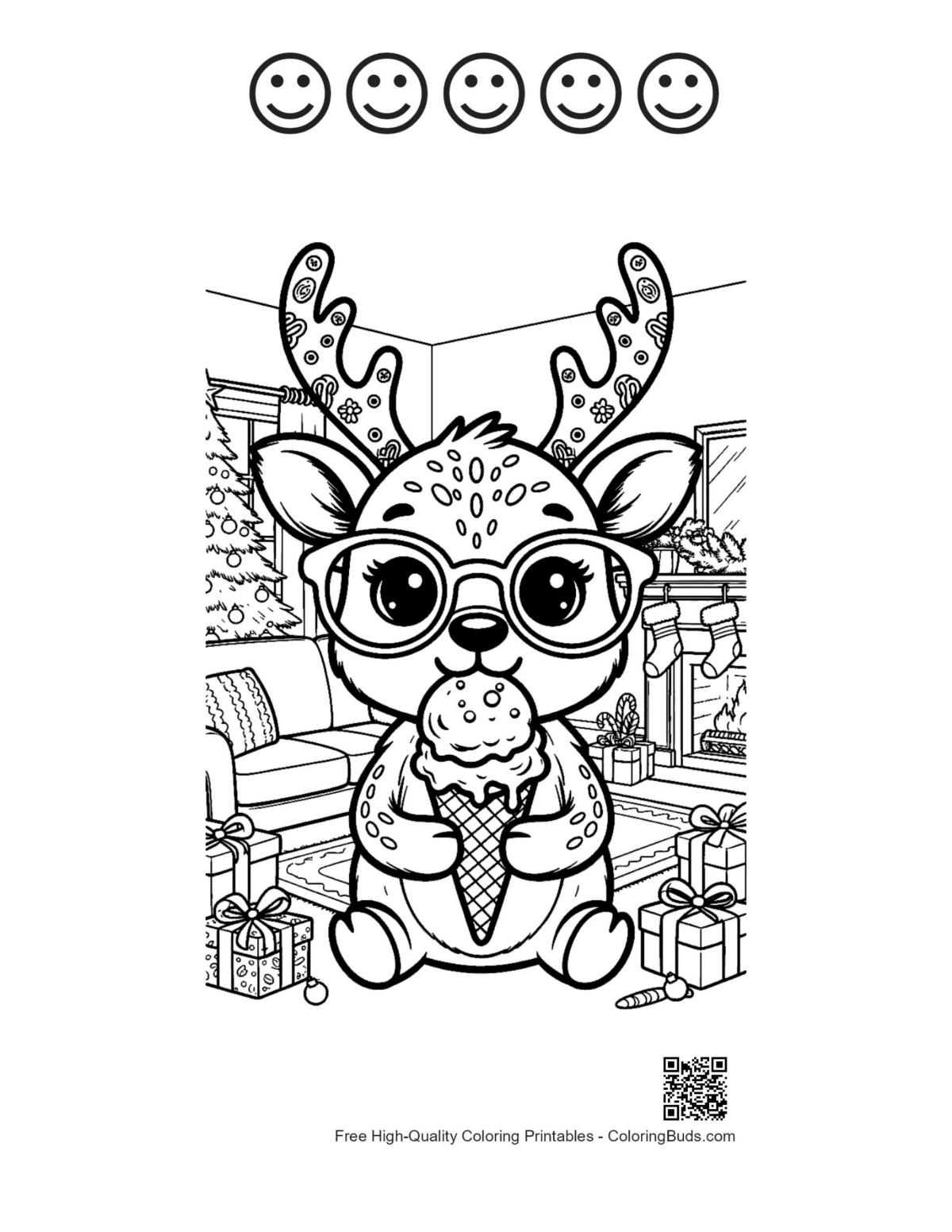 Easy reindeer with 5 happy faces printable outline