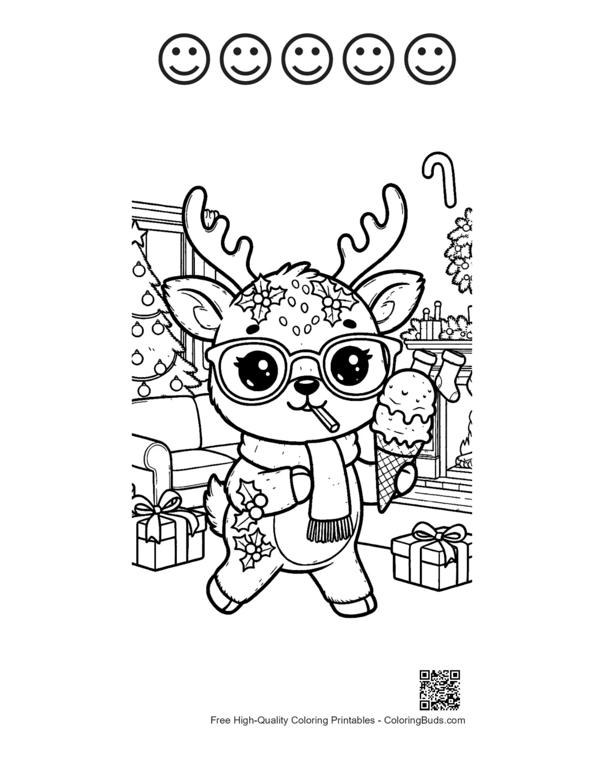 Reindeer calf ice cream page with 5 happy faces outline