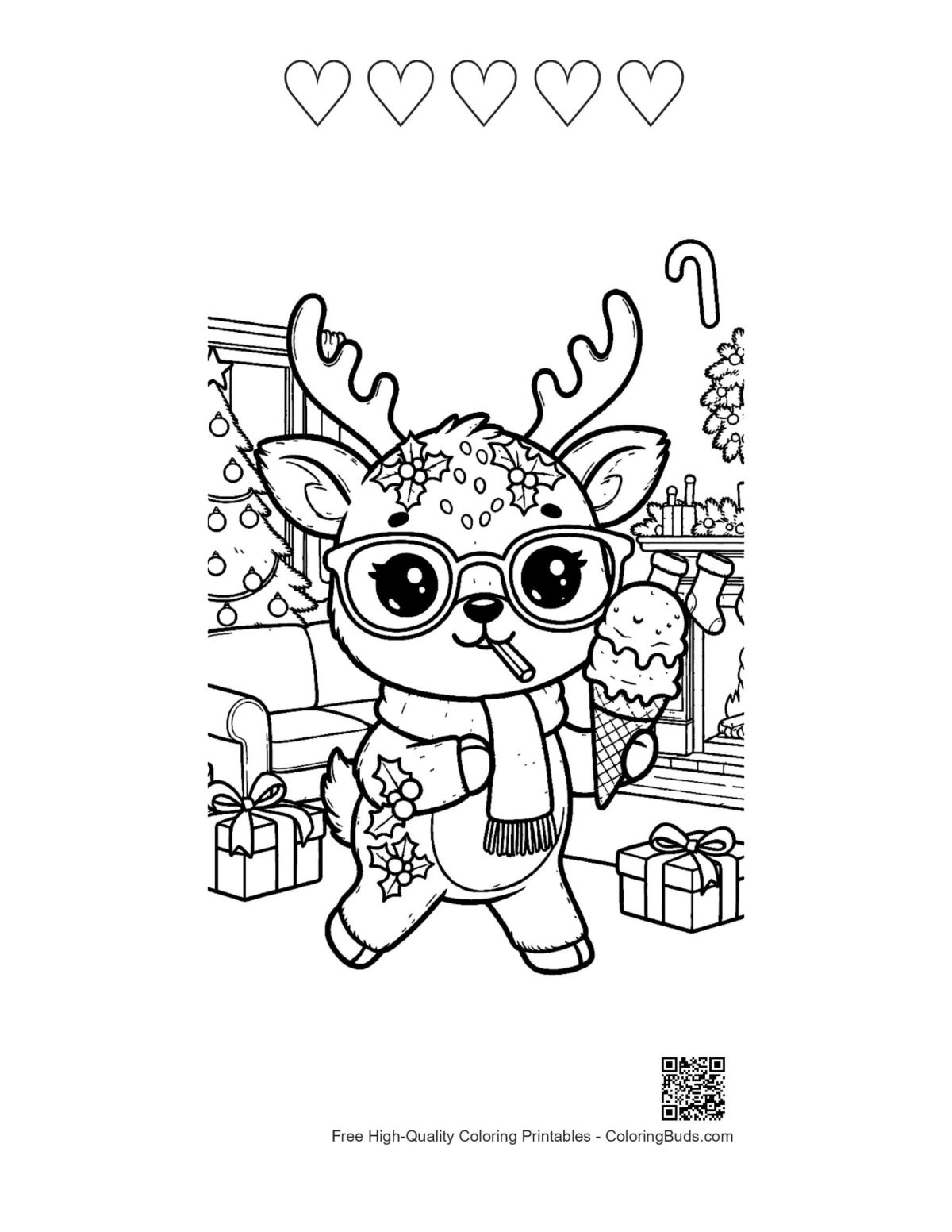 Reindeer calf ice cream coloring with 5 heart outlines