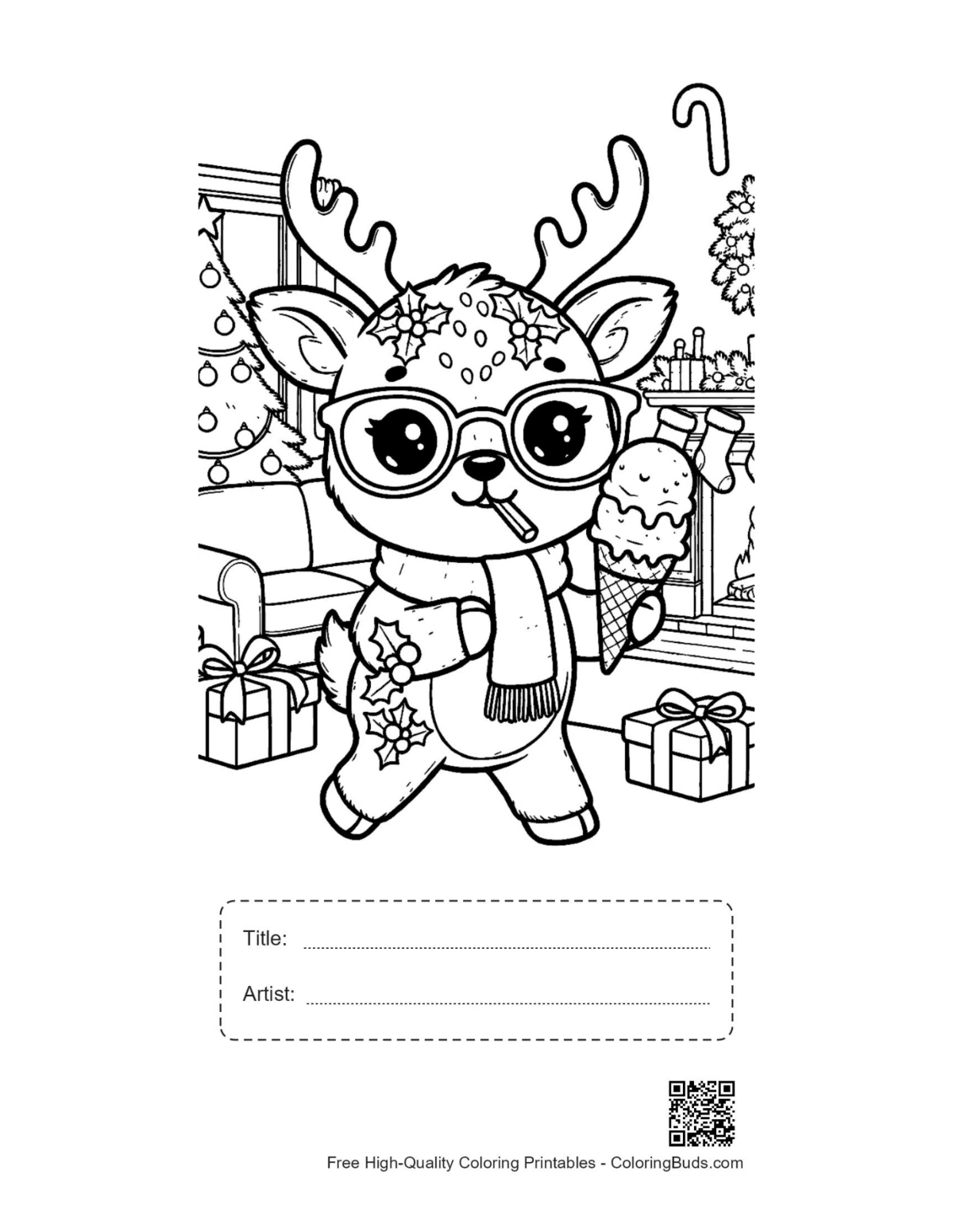 Reindeer calf ice cream coloring page with title artist box
