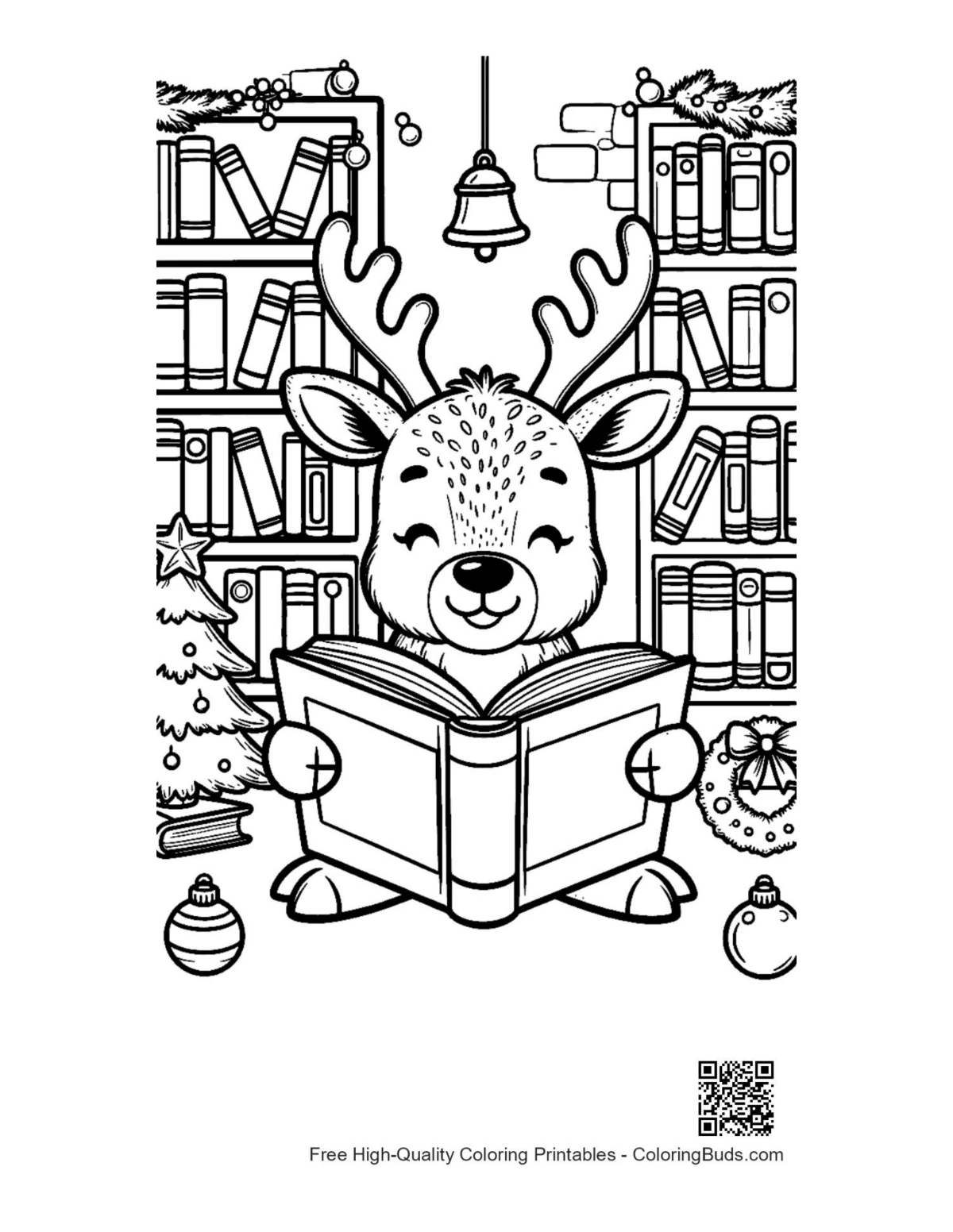 ลูกกวางเรนเดียร์ตัวน้อยอ่านหนังสือข้างชั้นหนังสือ ภาพระบายสี