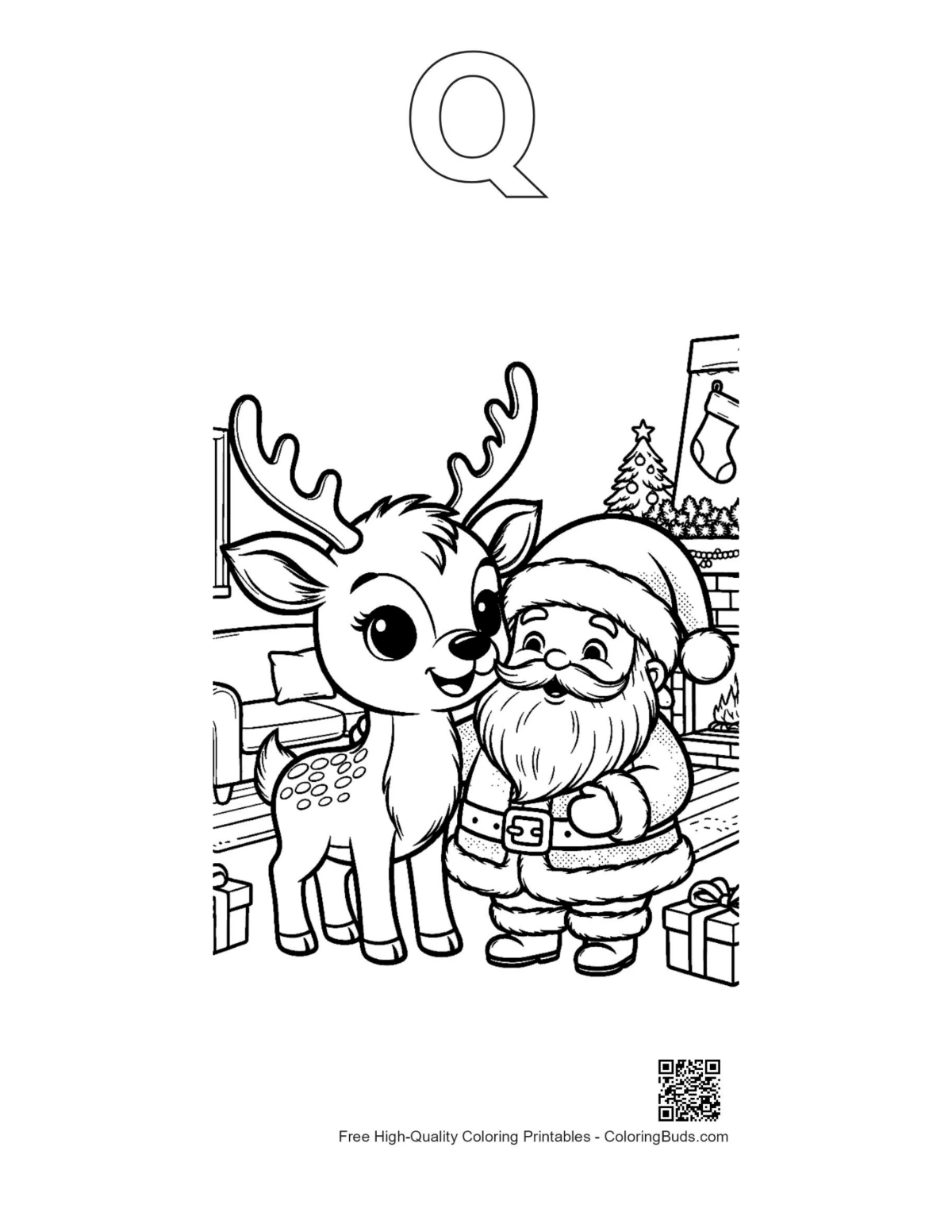 Reindeer hugging Santa page with Q alphabet outline