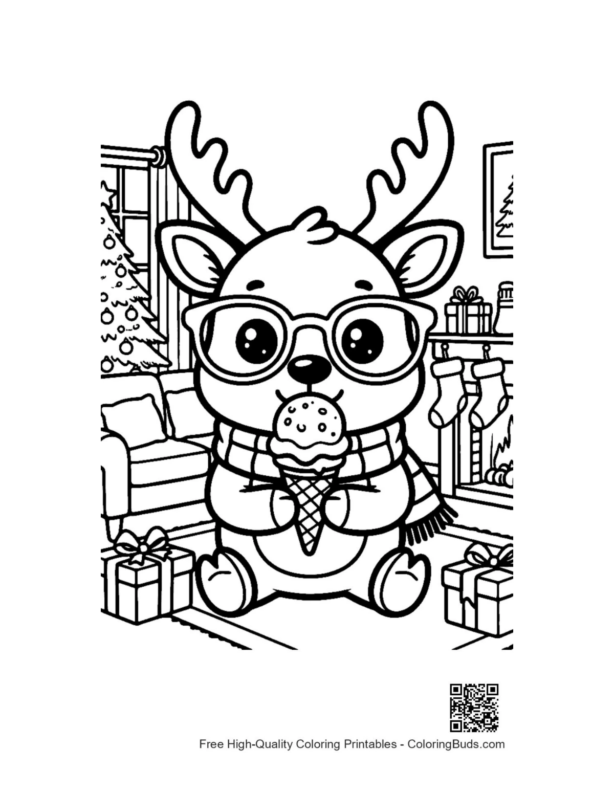Cute reindeer in glasses eating ice cream with smart cat printable