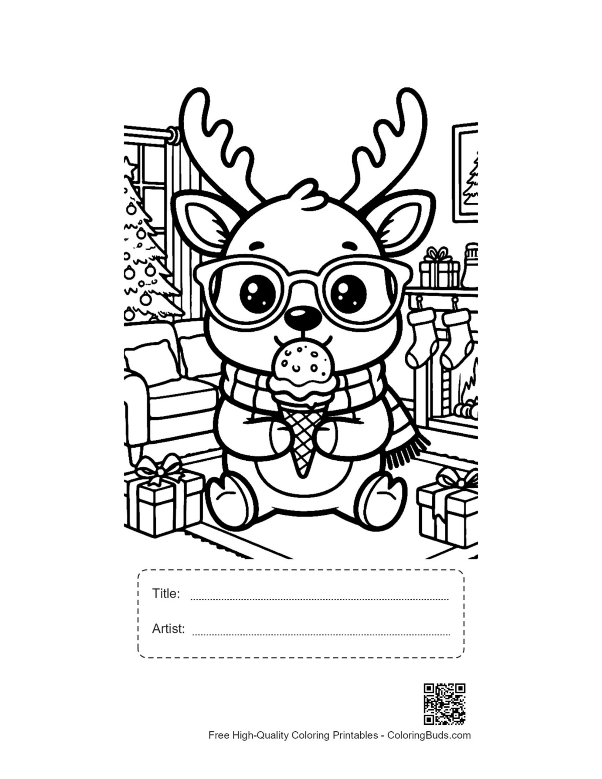 Reindeer glasses ice cream smart cat coloring page with title box