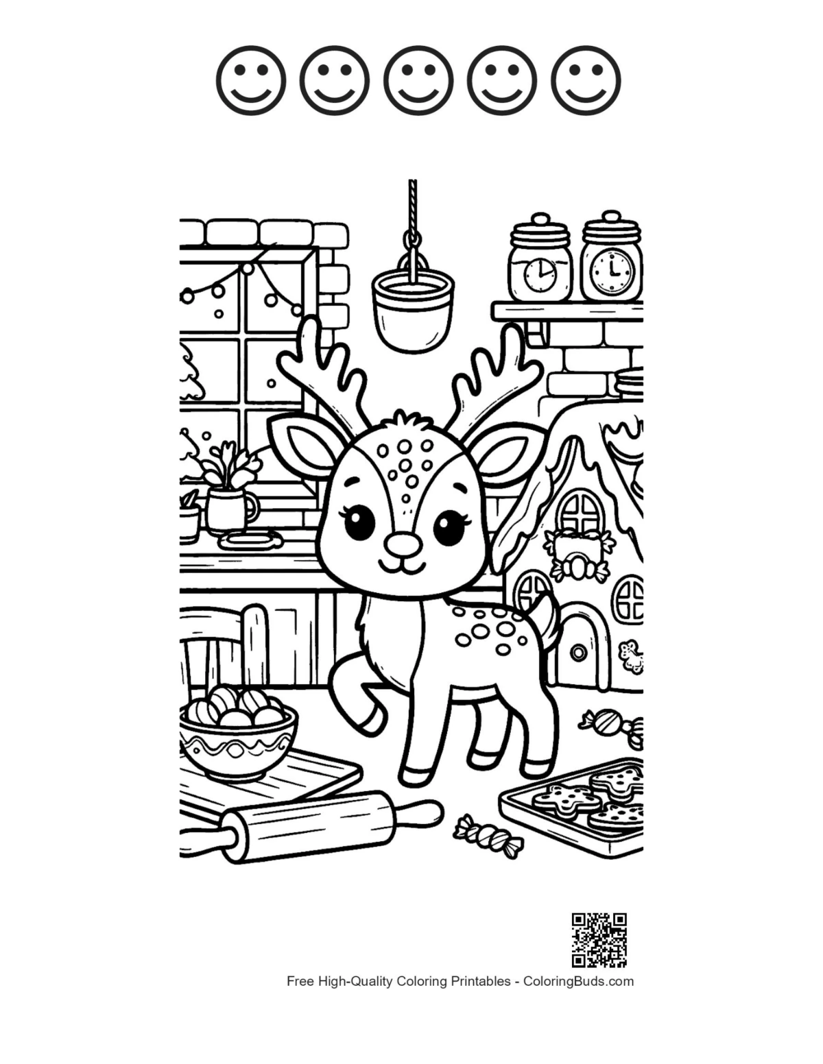 Reindeer calf kitchen baking with happy faces outline